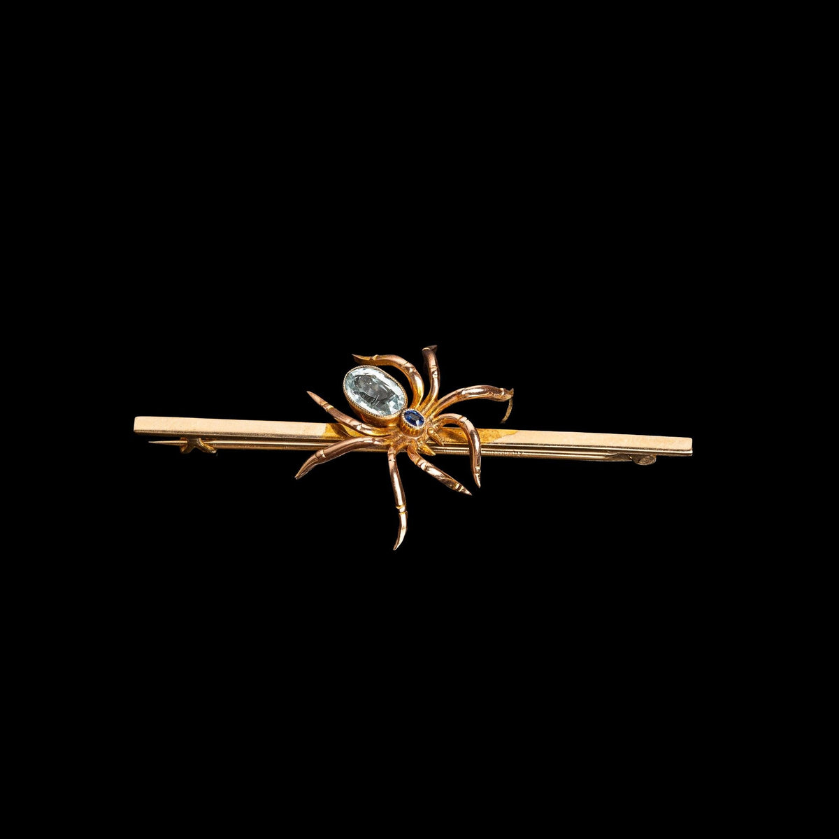 ART DECO 14K GOLD AQUAMARINE & SAPPHIRE SPIDER BAR PIN, catalog view