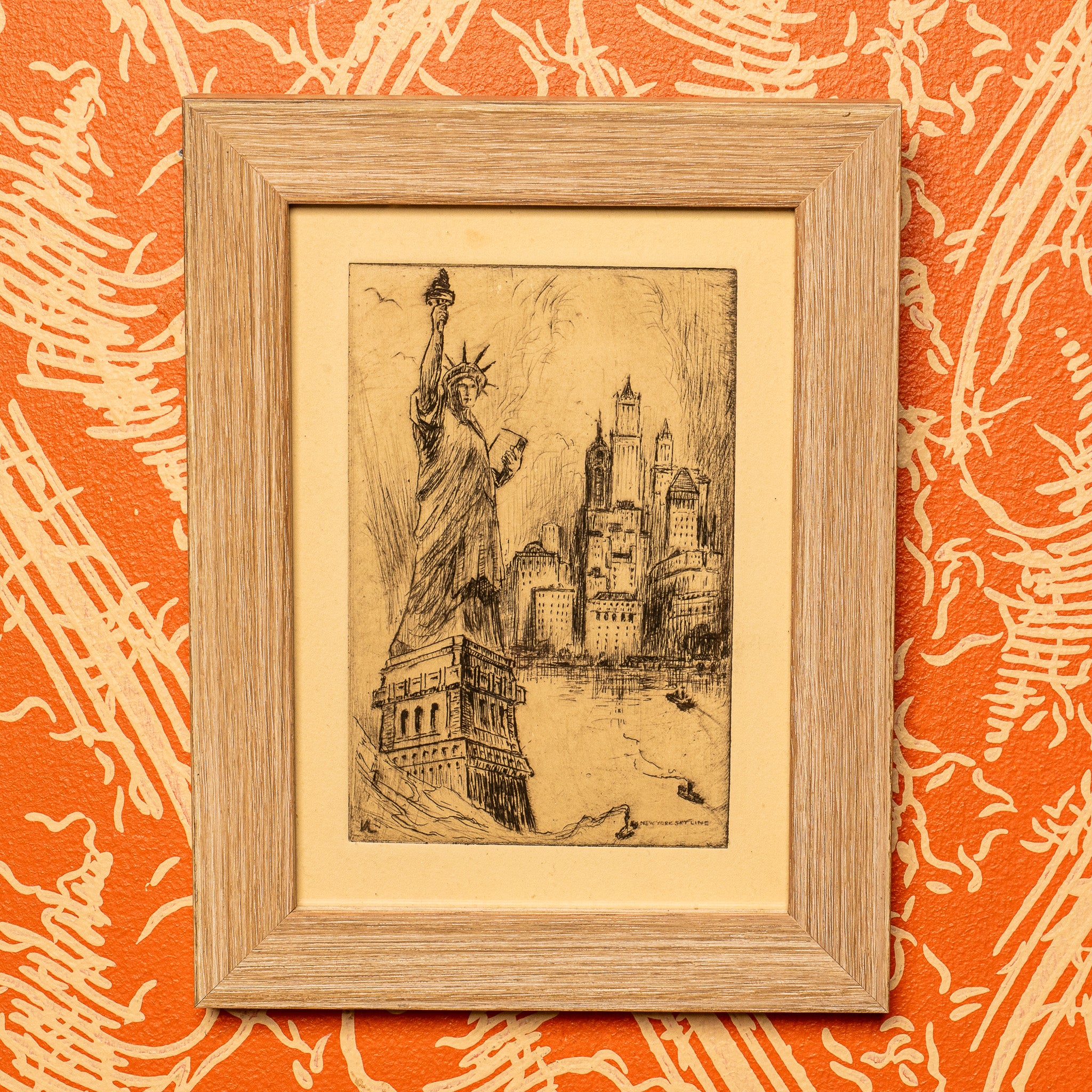 AMERICAN INTERWAR ETCHING OF THE STATUE OF LIBERTY AND NEW YORK SKYLINE