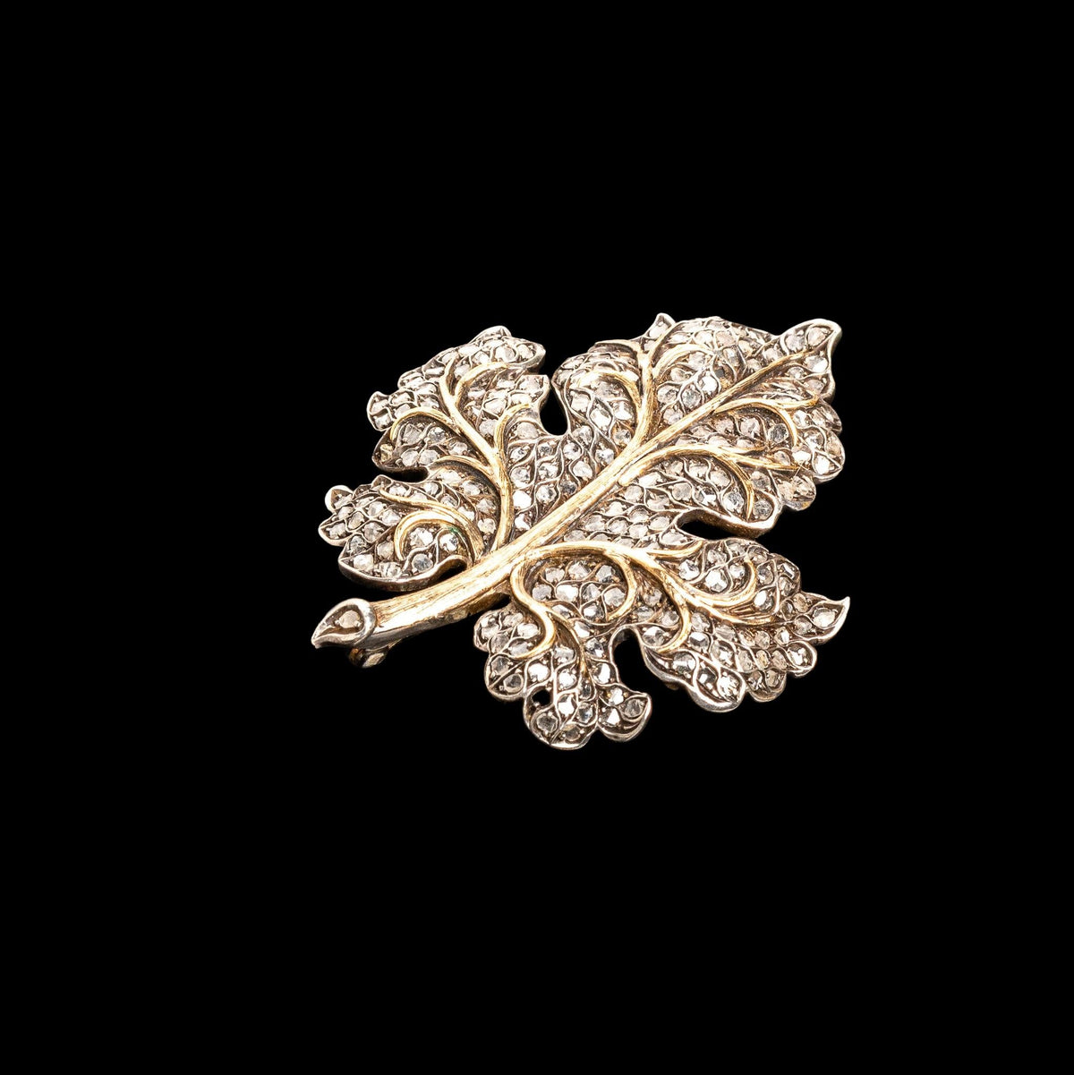 LATE 19TH CENTURY SILVER, 14K GOLD, AND DIAMOND LEAF BROOCH, catalog view