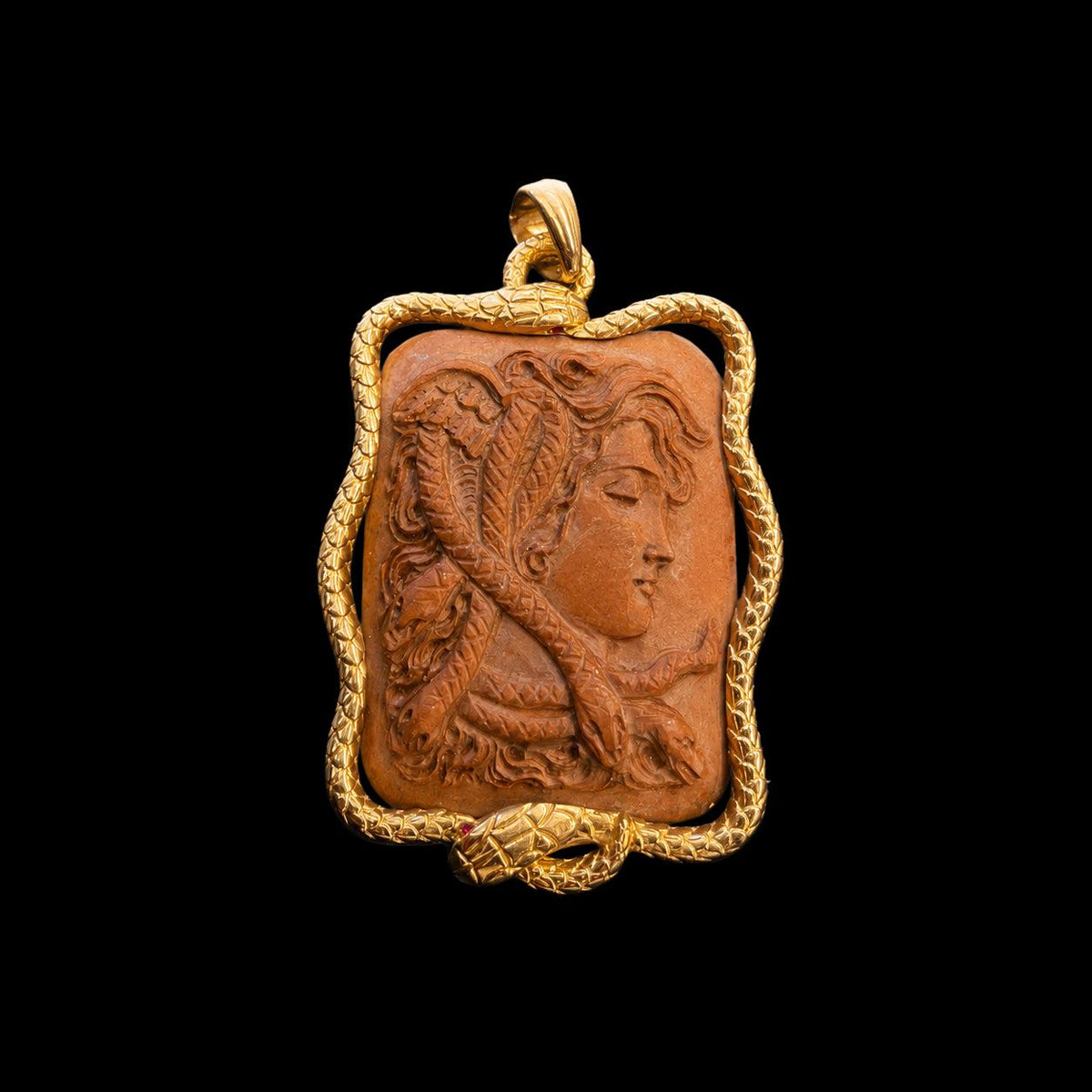 19TH CENTURY CARVED LAVA CAMEO IN 14K GOLD SERPENT FRAME BY SEAN MCNANNEY, catalog view