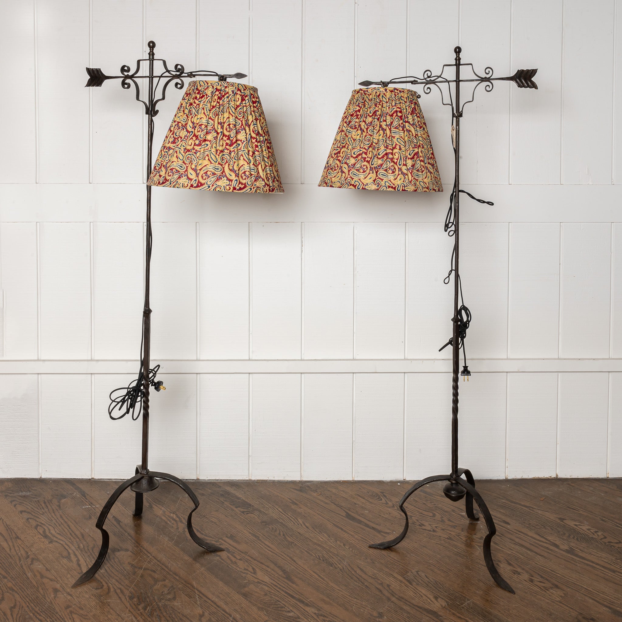 PAIR OF MID-CENTURY WROUGHT IRON FRENCH FLOOR LAMPS WITH RUSSIAN ROLLER PRINT FABRIC SHADES