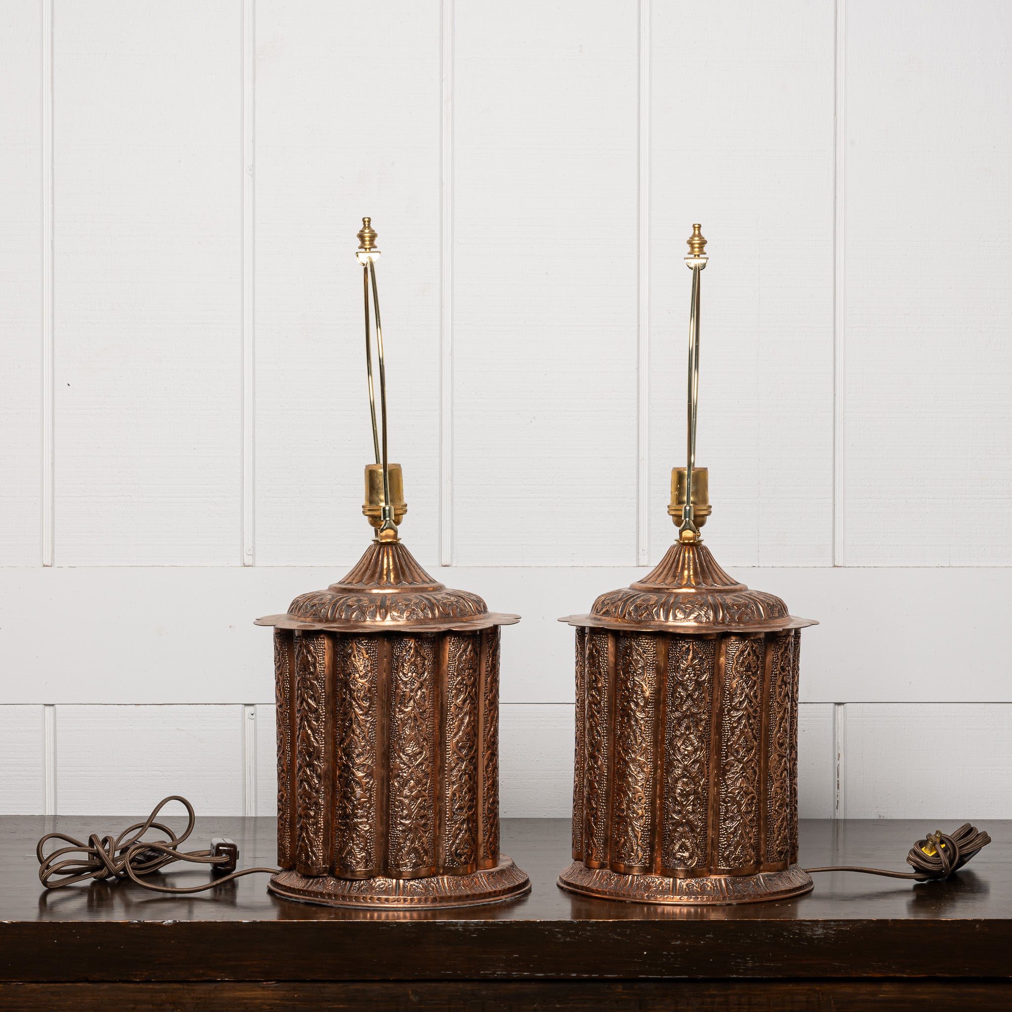 PAIR OF EARLY 20TH-CENTURY OTTOMAN REPOUSSÉ COPPER LAMPS