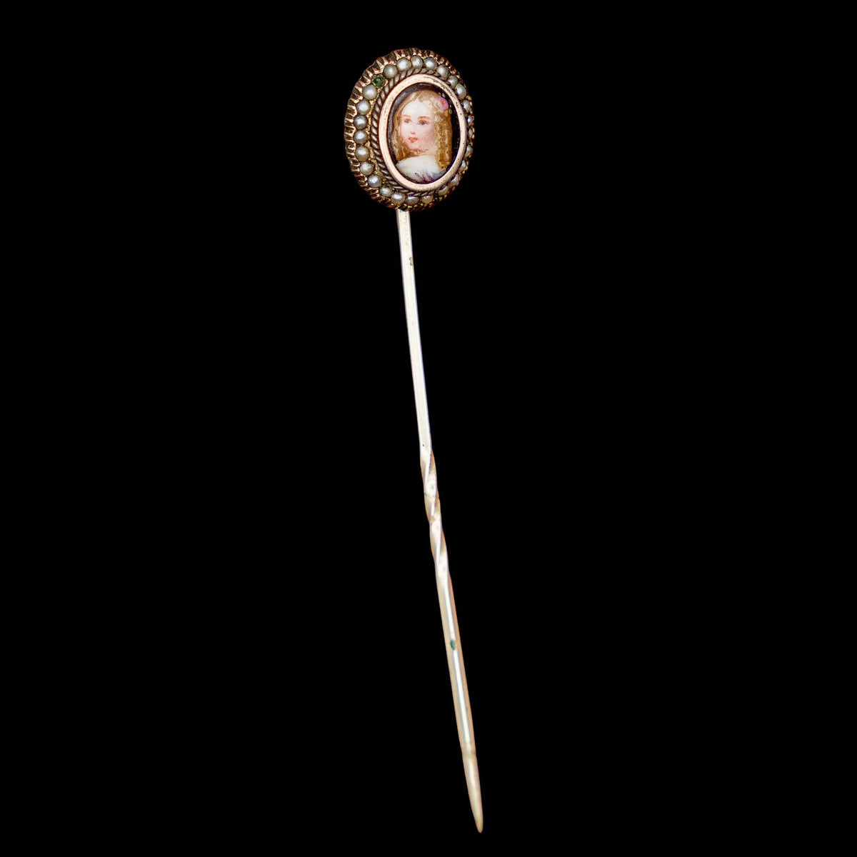 VICTORIAN PORTRAIT MINIATURE STICK PIN IN GOLD WITH SEED PEARLS, catalog view