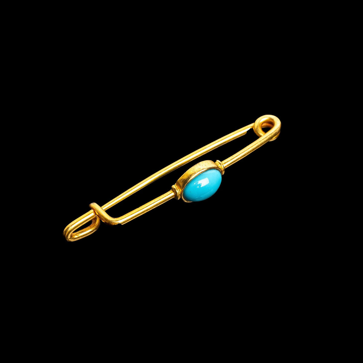 VICTORIAN GOLD SAFETY PIN BROOCH WITH BLUE CABOCHON, catalog view
