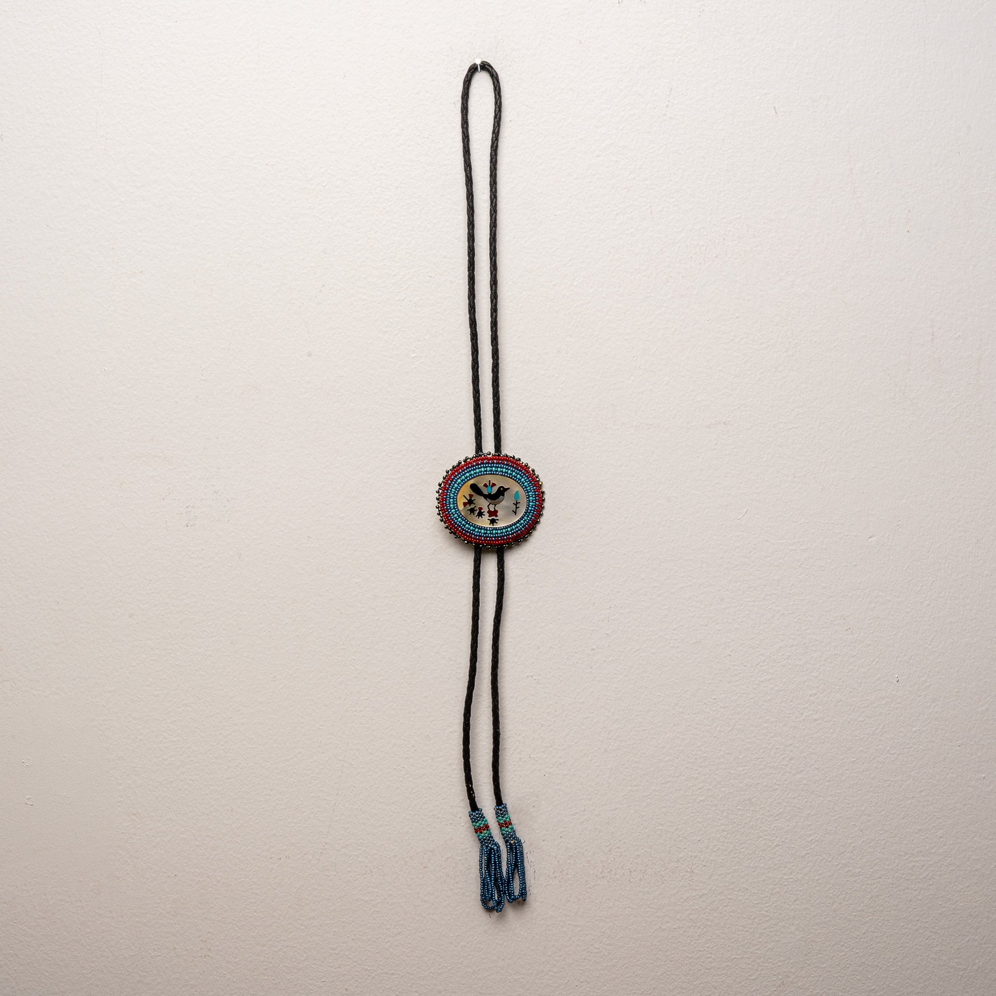 VINTAGE ZUNI MOTHER OF PEARL MULTI STONE INLAY BOLO TIE