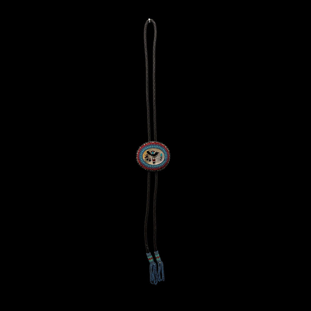 VINTAGE MOTHER OF PEARL INLAY BOLO TIE, ATTRIBUTED TO ZUNI, detail view