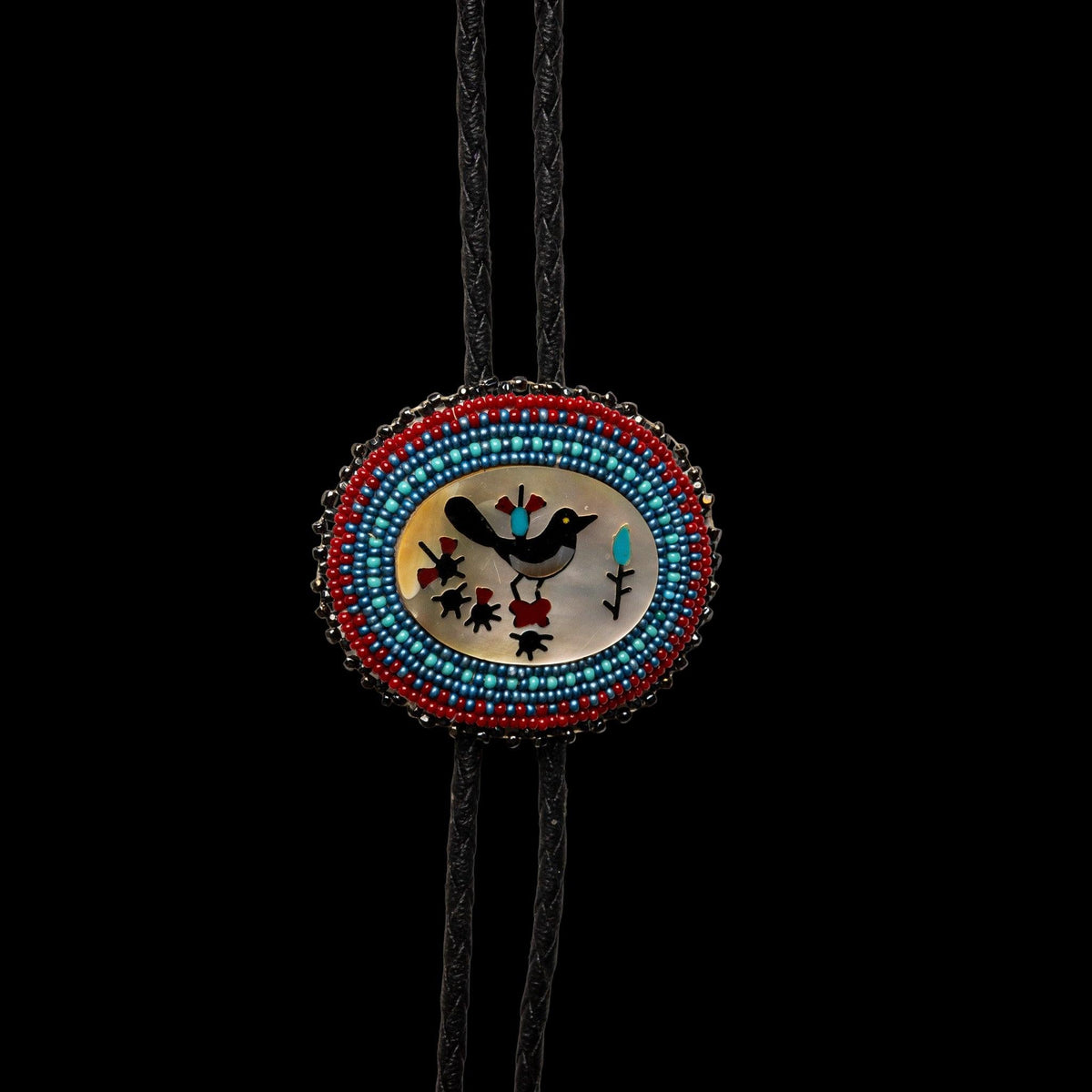 VINTAGE MOTHER OF PEARL INLAY BOLO TIE, ATTRIBUTED TO ZUNI, detail view