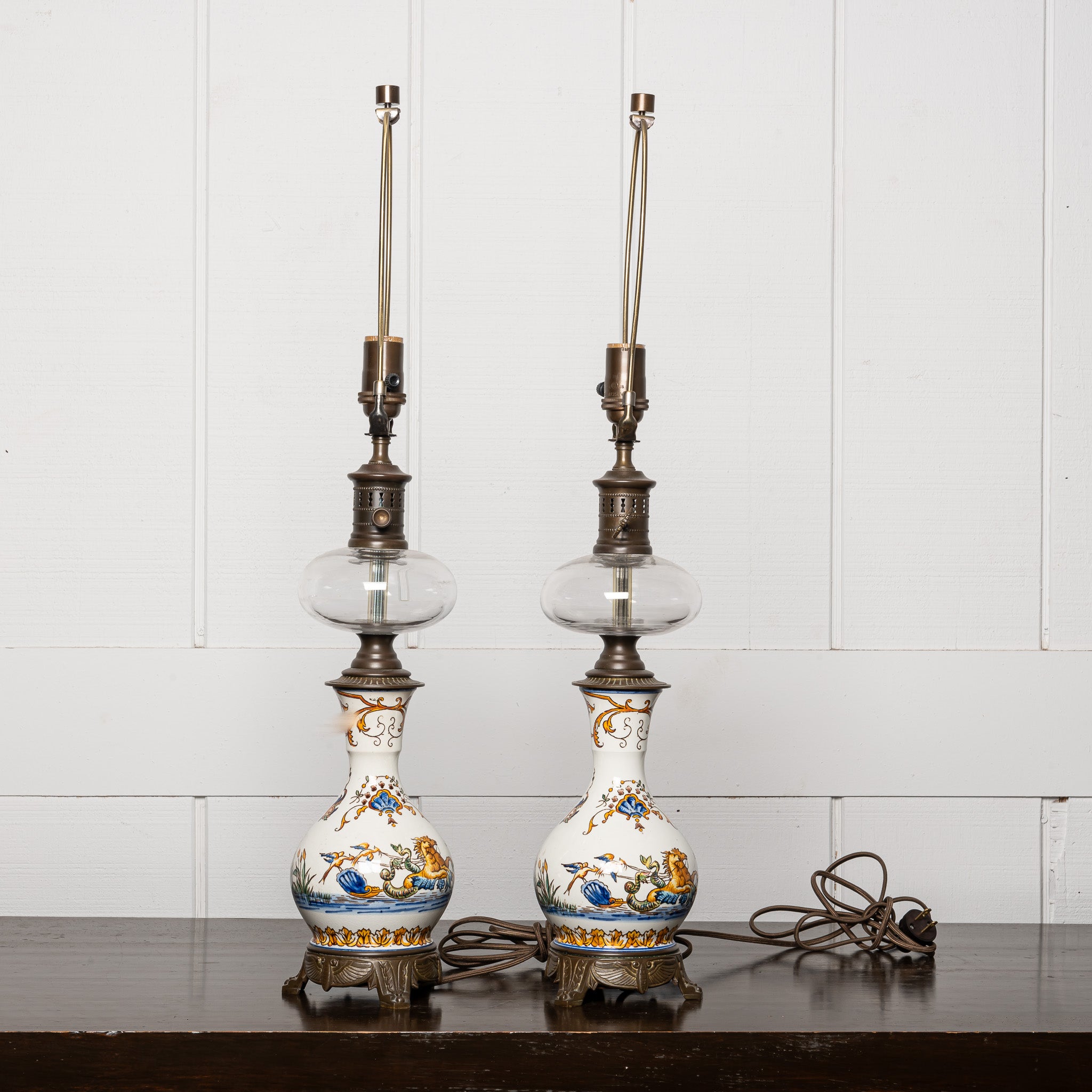 PAIR OF 19TH-CENTURY FRENCH FAIENCE ELECTRIFIED OIL LAMPS