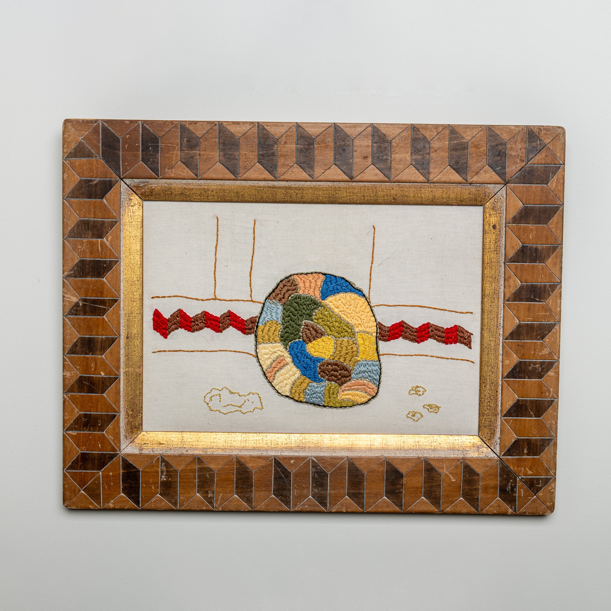 "MONGIARDINO" FRAMED EMBROIDERY (2025) BY SEAN McNANNEY