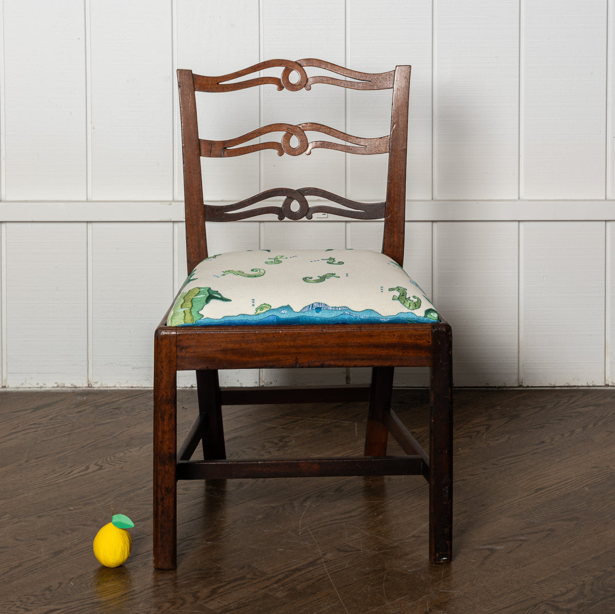 "SEA-HORSES (EAST RIVER)" EMBROIDERED ANTIQUE CHAIR (2025) BY SEAN McNANNEY