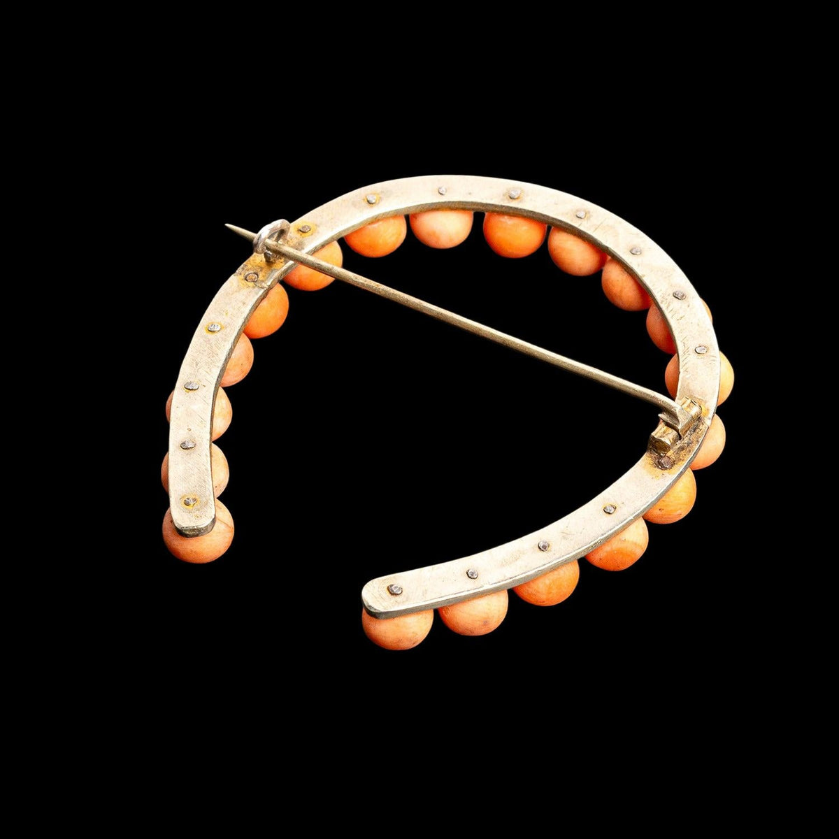 SILVER & CORAL HORSESHOE PIN, detail view