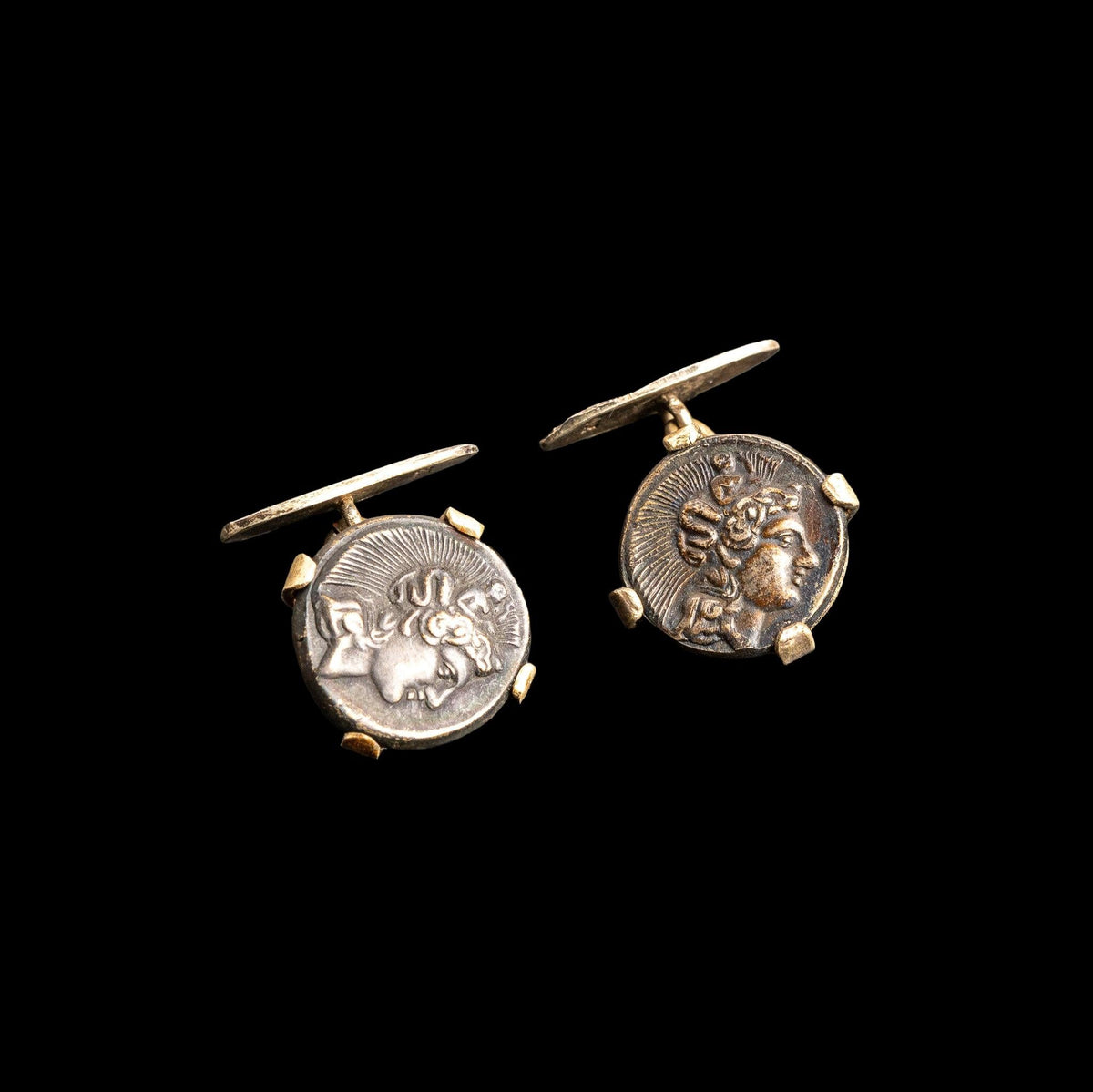 19TH CENTURY ANCIENT GREEK COIN CUFFLINKS, detail view