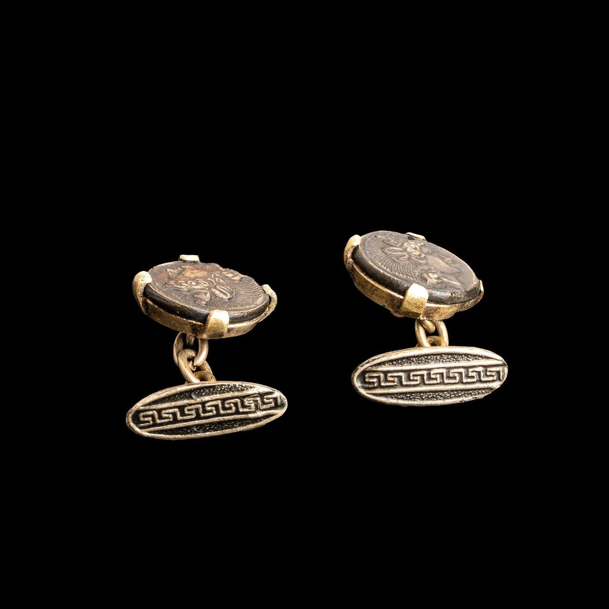 19TH CENTURY ANCIENT GREEK COIN CUFFLINKS, detail view