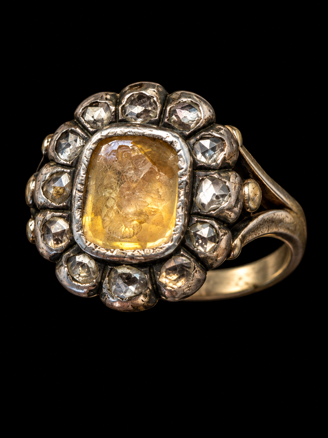 GEORGIAN ENGLISH CITRINE INTAGLIO AND DIAMOND RING ON BLACK BACKGROUND