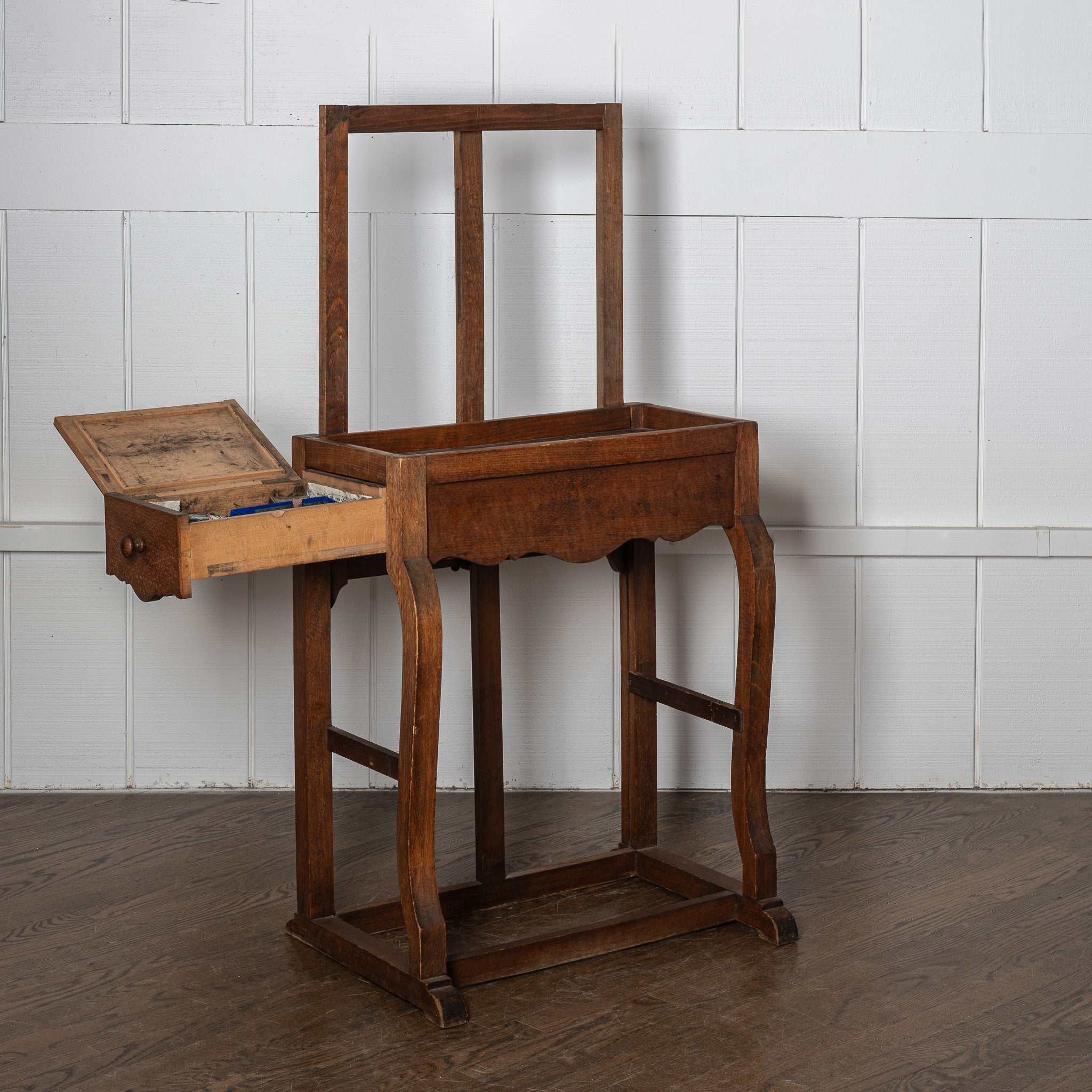 19th century French wood painters easel and artist contents