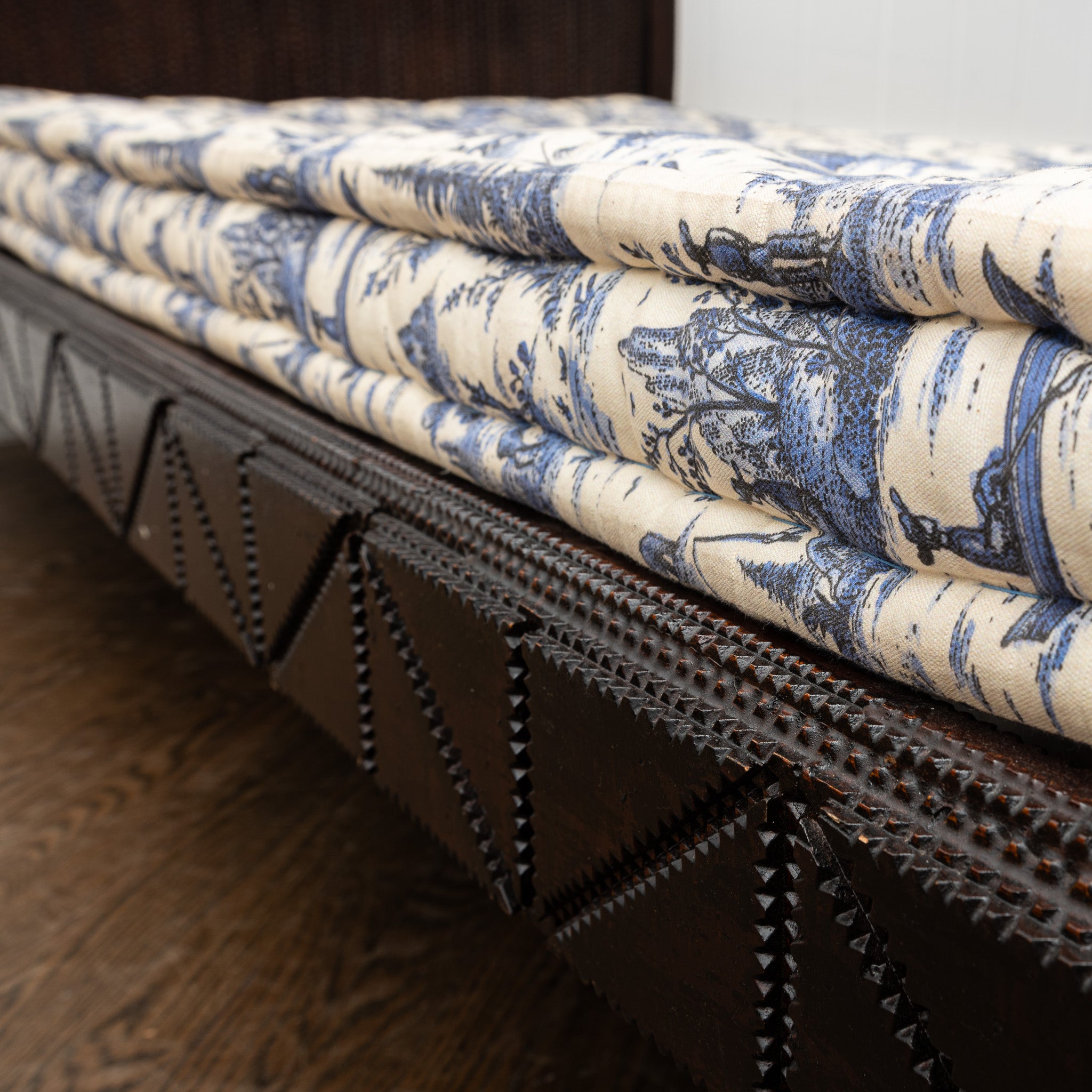 Fantastic 19th century American folk Tramp Art cchipped carved full-sized bed