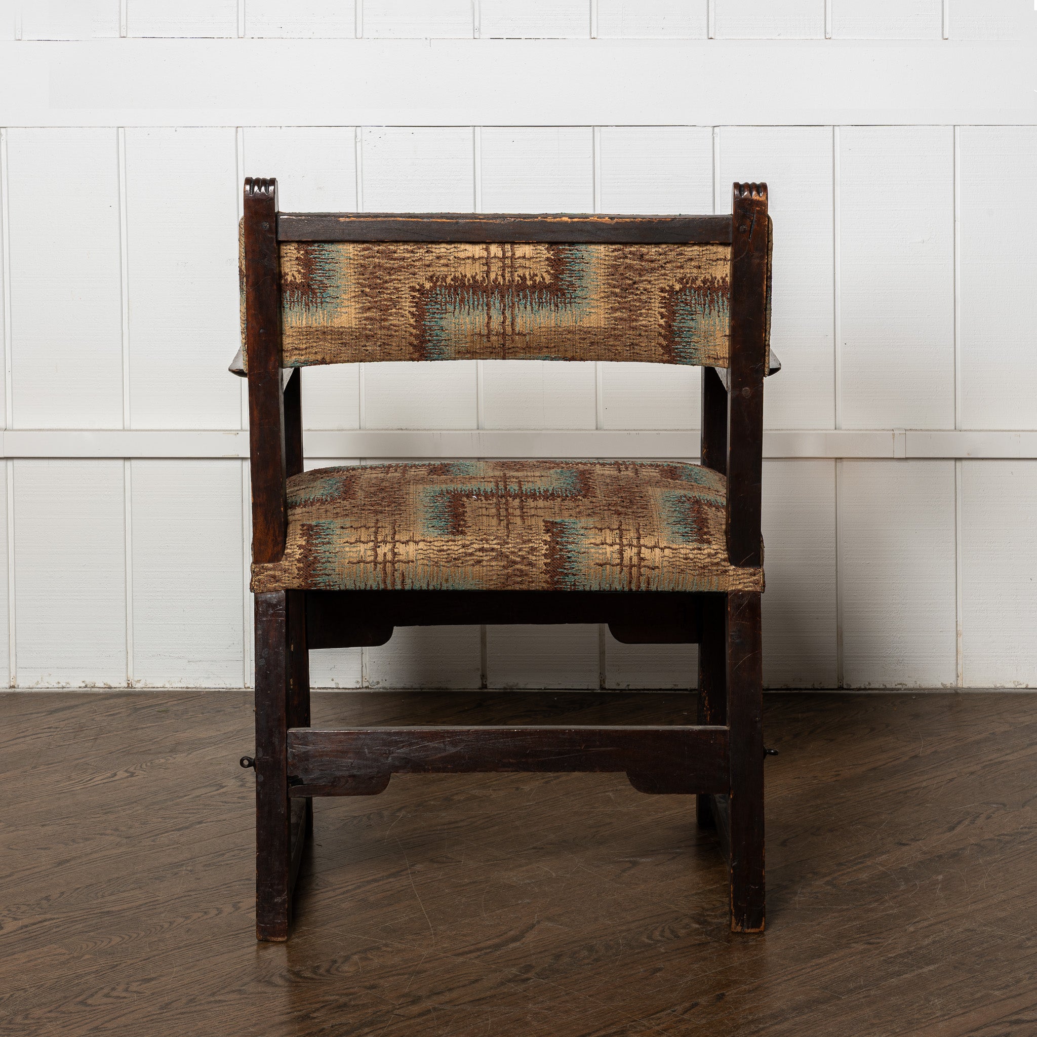 17th / 18th centuty carved European arm chair newly upholstered in antique Art Deco fabric