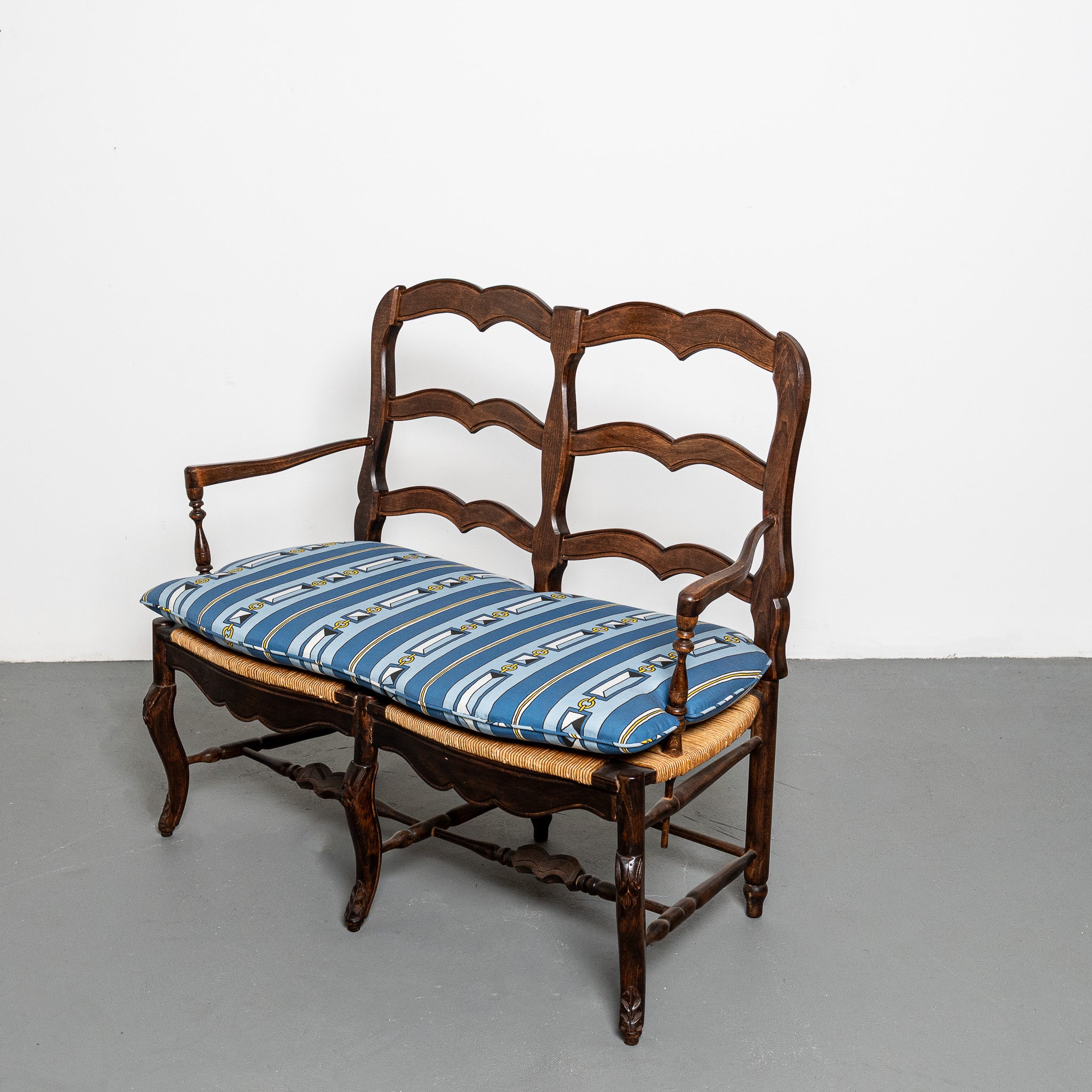 Early 20th century French provincial bench, rush seat with new DNR x Saved Robes and Stripes fabric