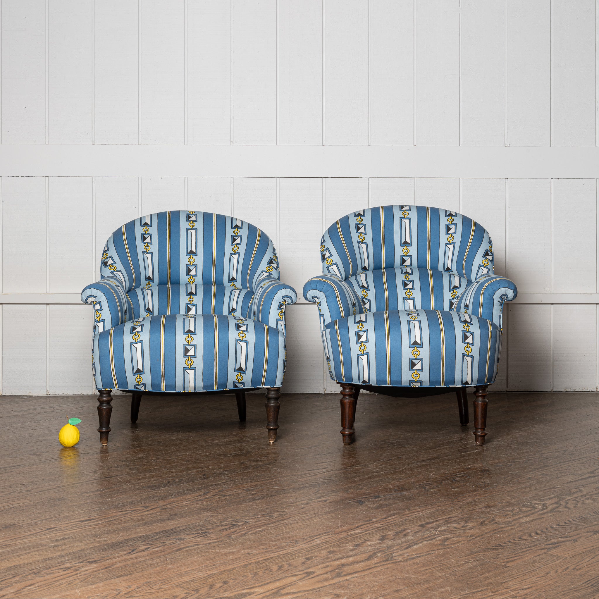 Pair of 19th century French bergerges newly upholstered in DNR x Saved Ropes and Stripes fabric