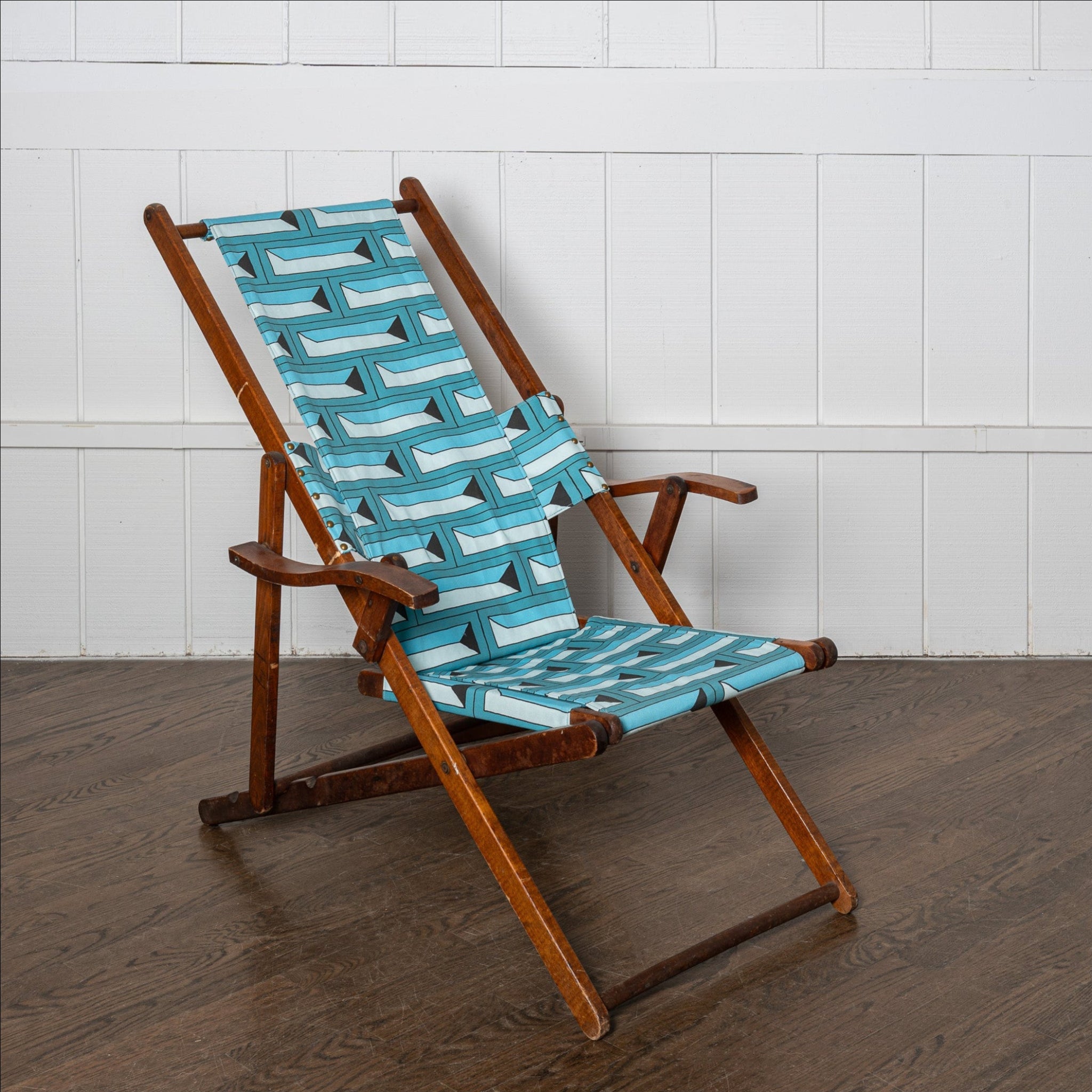 19th centruy deck chair retailed by Barney's New York, newly upholstered in DNR x Saved Bricks fabric