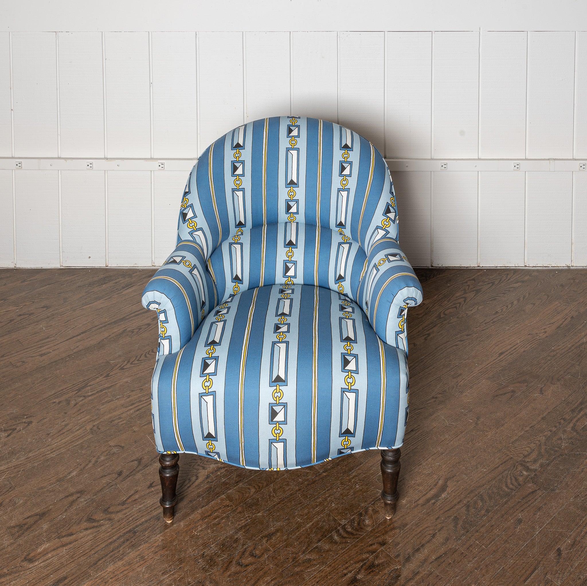 Pair of 19th century French bergerges newly upholstered in DNR x Saved Ropes and Stripes fabric