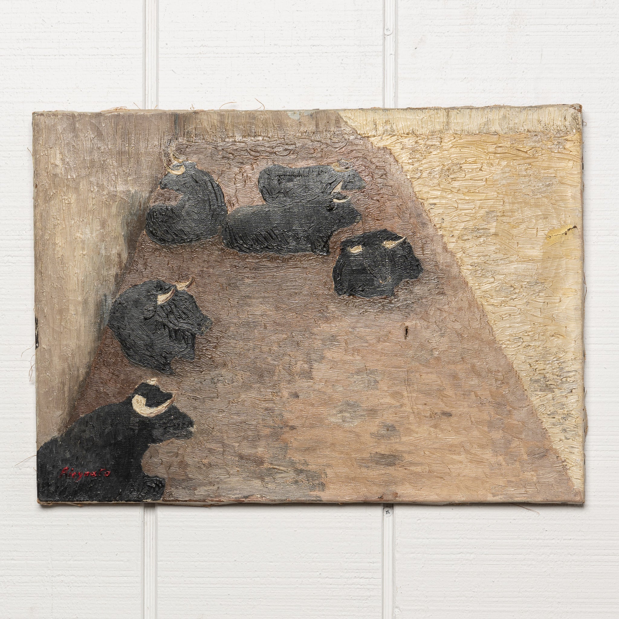 19th century French oil on canvas of resting bulls