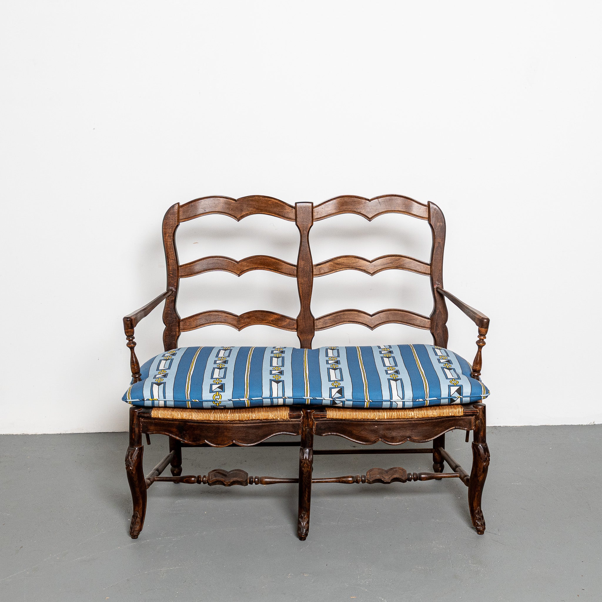 Early 20th century French provincial bench, rush seat with new DNR x Saved Robes and Stripes fabric