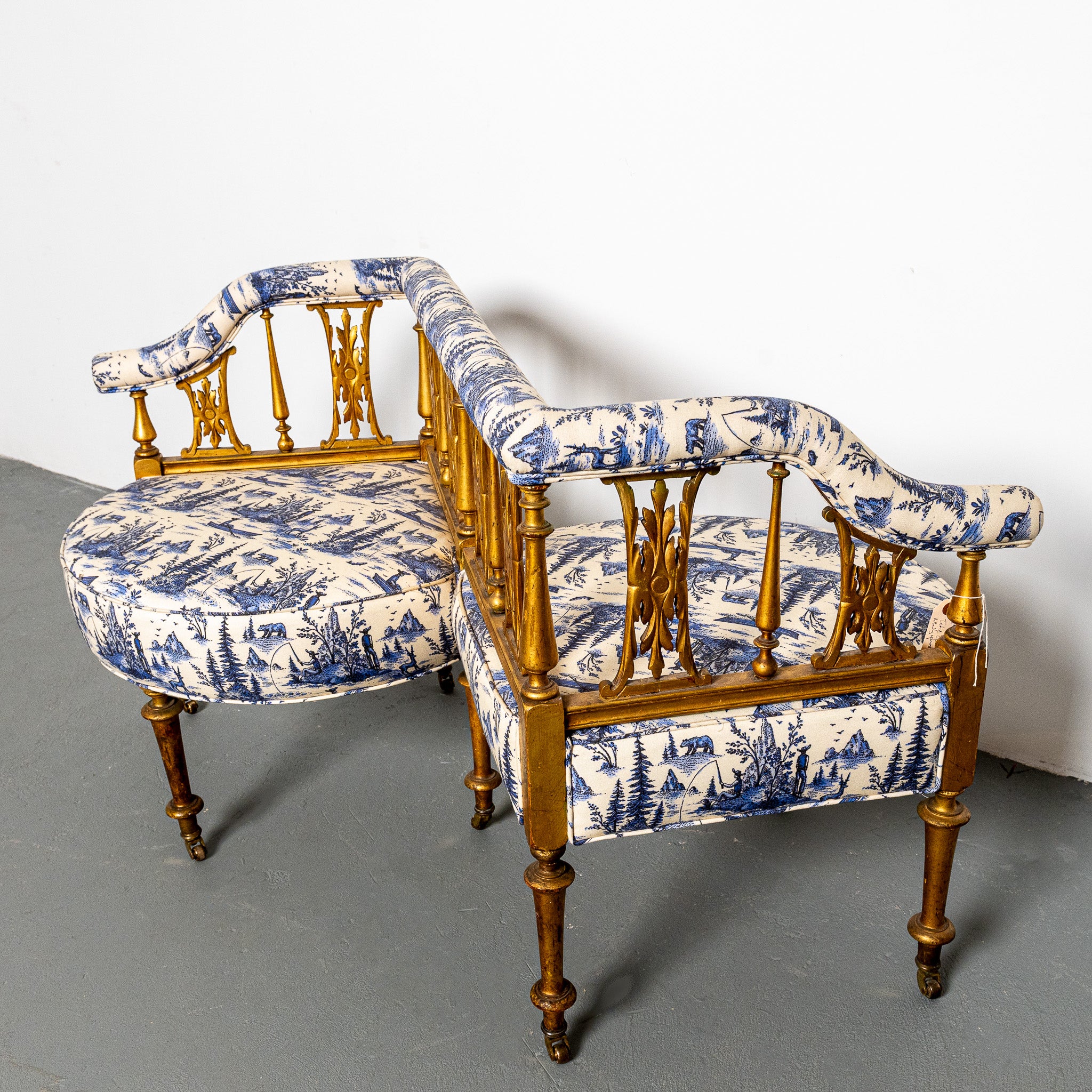 19th century American tete a tete newly upholsted in LIT Mountian Man Toile fabric