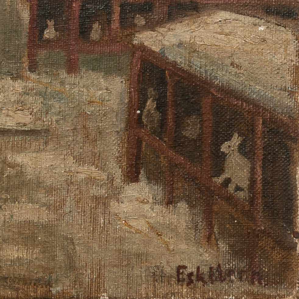 19TH-CENTURY FRENCH OIL ON CANVAS OF RABBIT HUTCHES