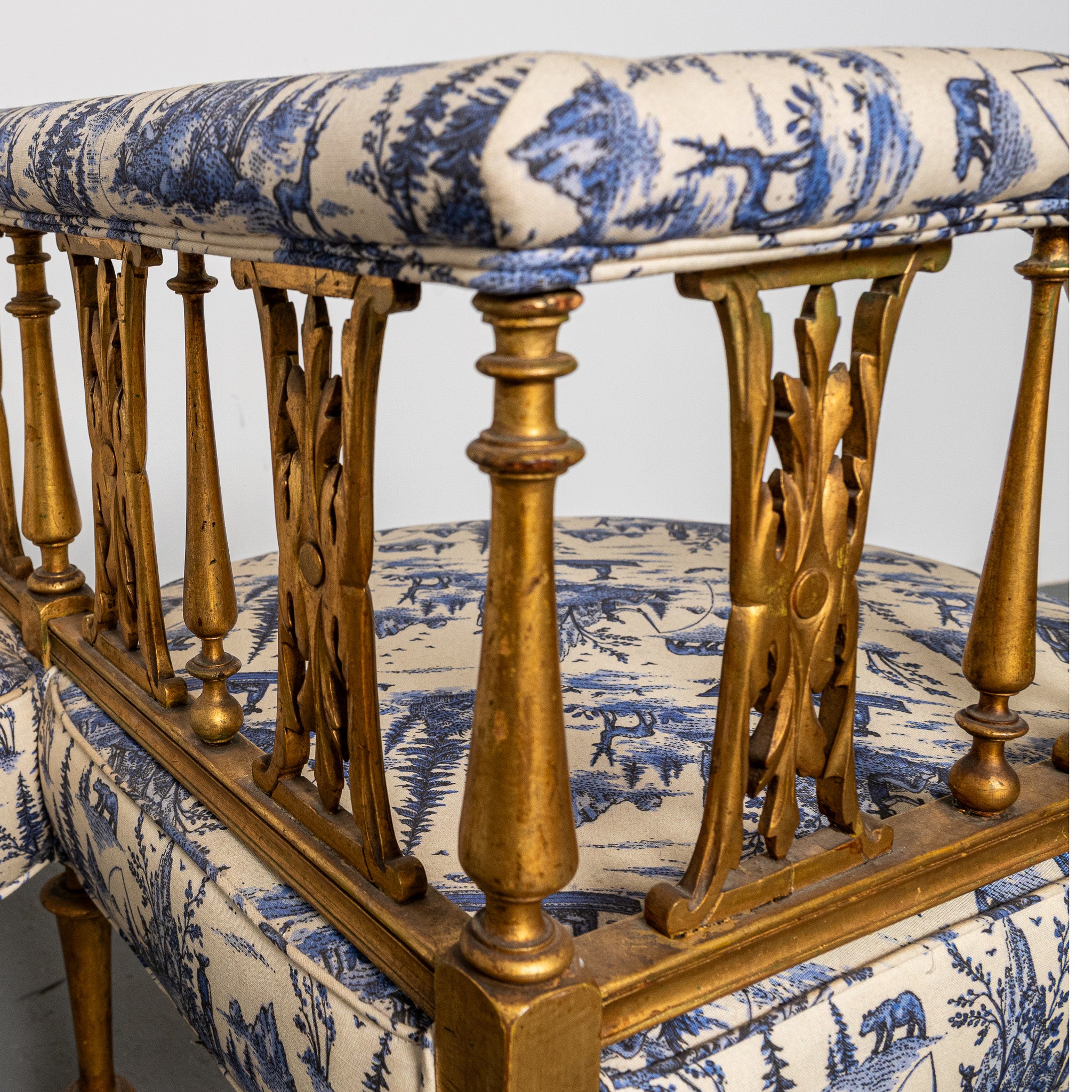 19th century American tete a tete newly upholsted in LIT Mountian Man Toile fabric