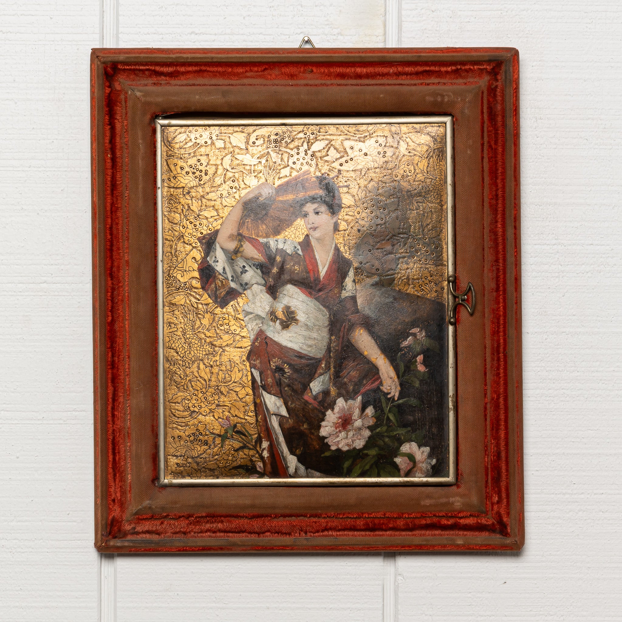19th century French painted embosed leather velvet framed trifold mirror