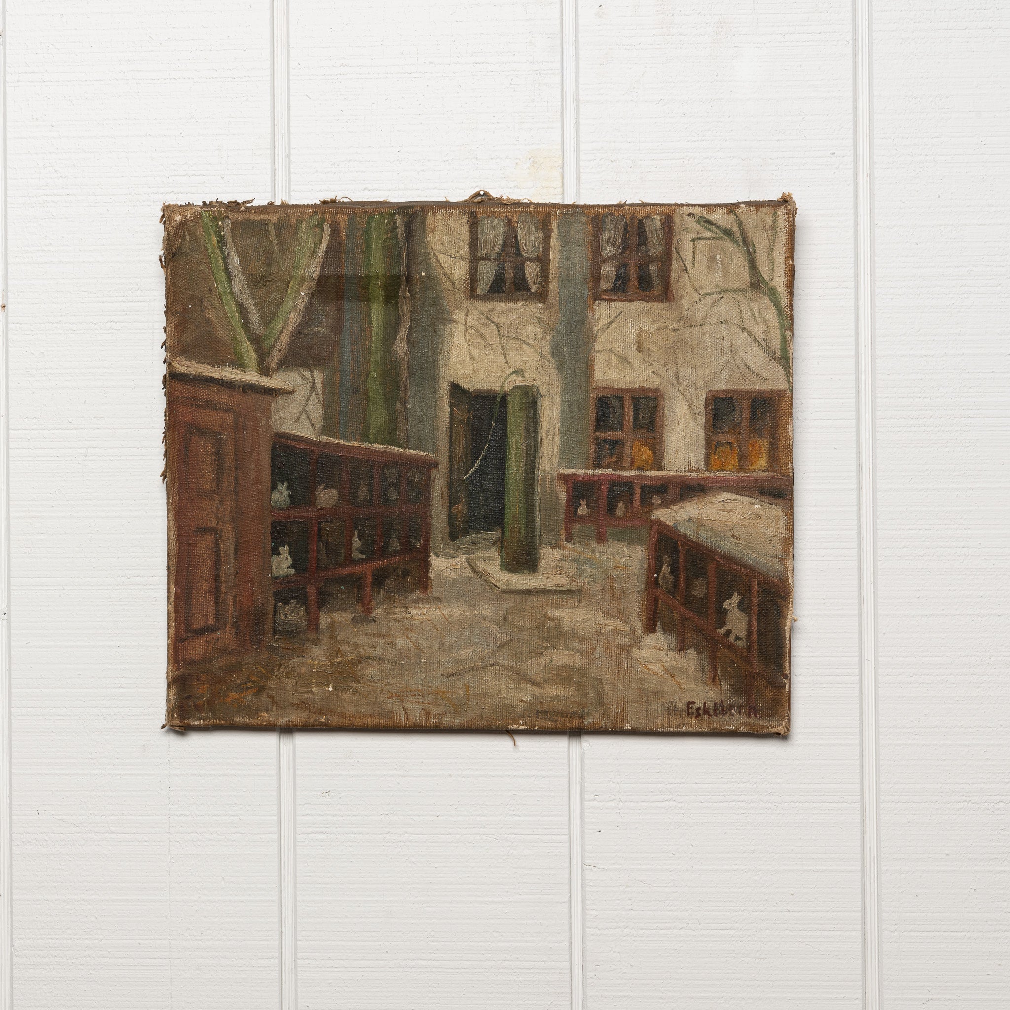 19th century French oil on canvas of rabit hutches