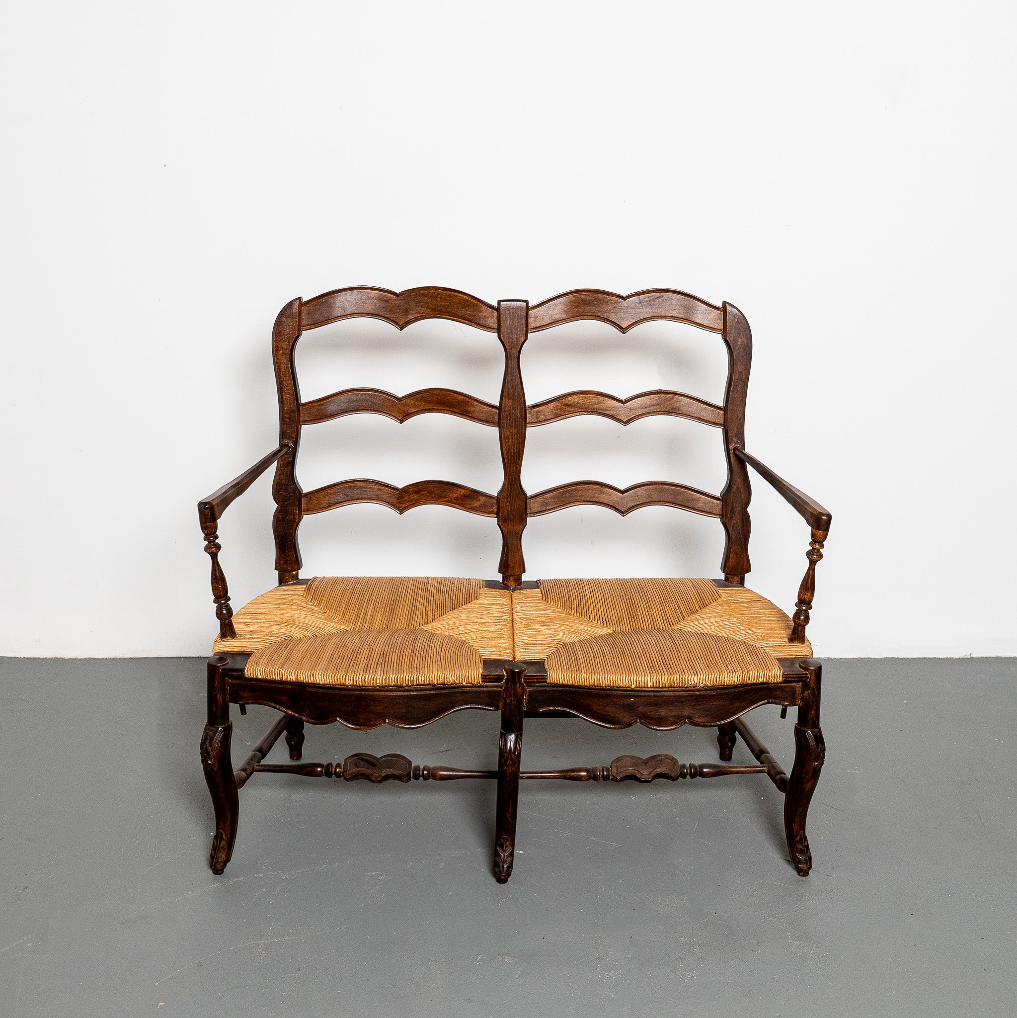 Early 20th century French provincial bench, rush seat with new DNR x Saved Robes and Stripes fabric