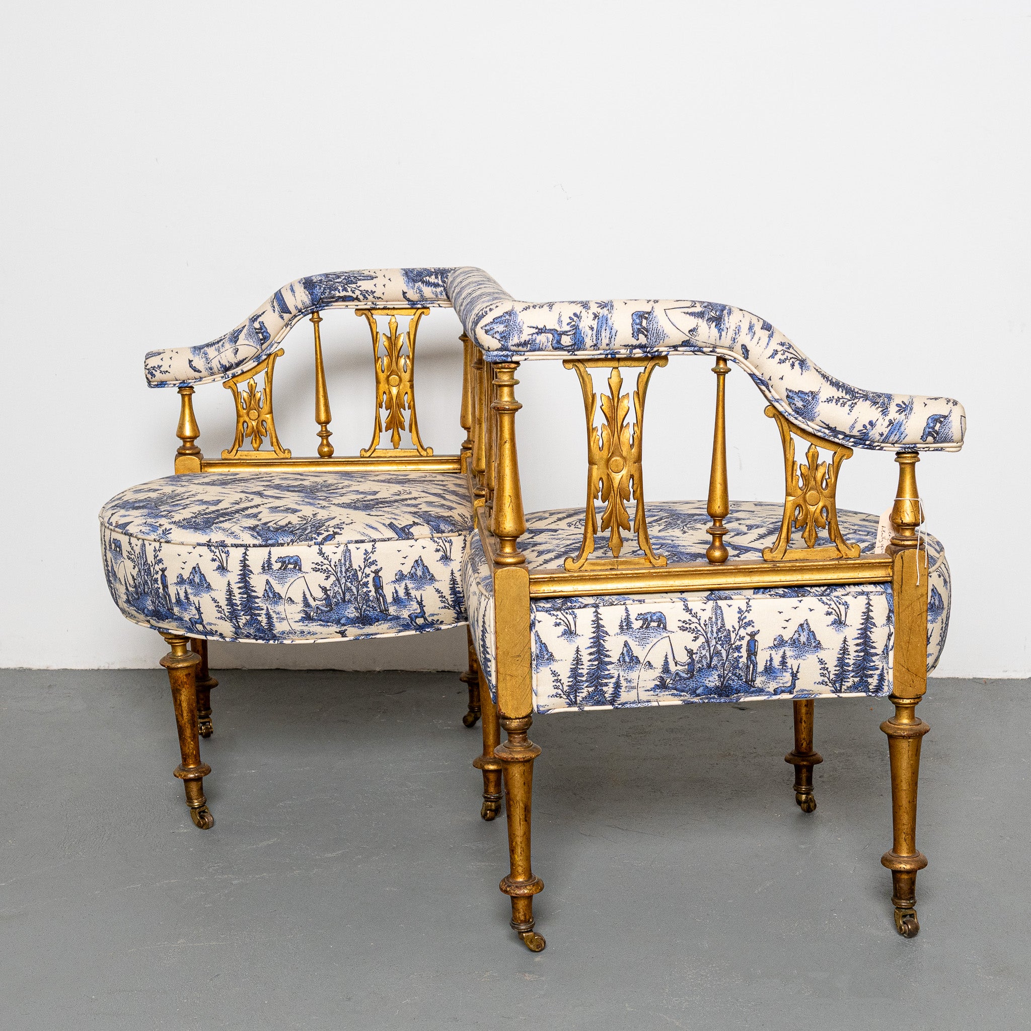 19th century American tete a tete newly upholsted in LIT Mountian Man Toile fabric