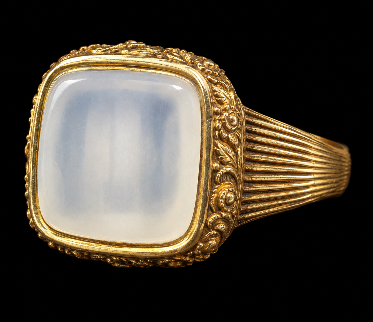 GEORGIAN PINCHBECK SIGNET RING WITH UNCARVED STONE ON BLACK BACKGROUND