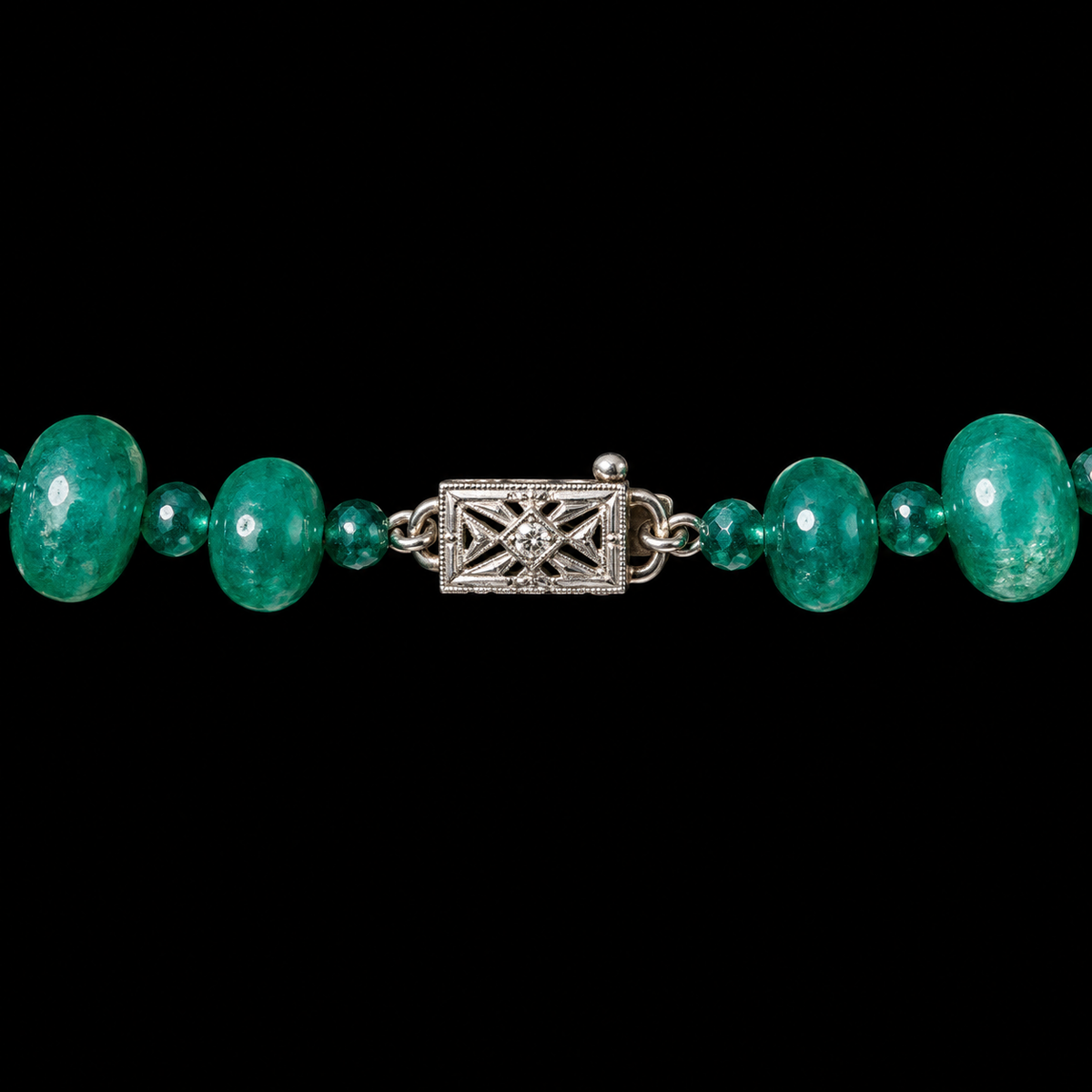 THE SMARAGDINE QUARTZITE NECKLACE WITH FACETED SPACERS BY SEAN MCNANNEY — CLASP VIEW ON BLACK