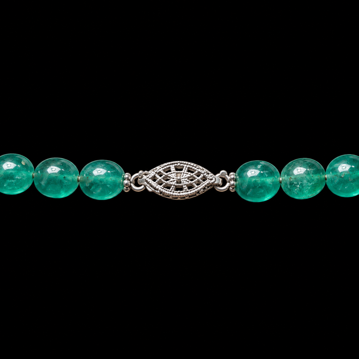 THE SMALL OVAL SMARAGDINE QUARTZITE NECKLACE BY SEAN MCNANNEY — CLASP VIEW ON BLACK
