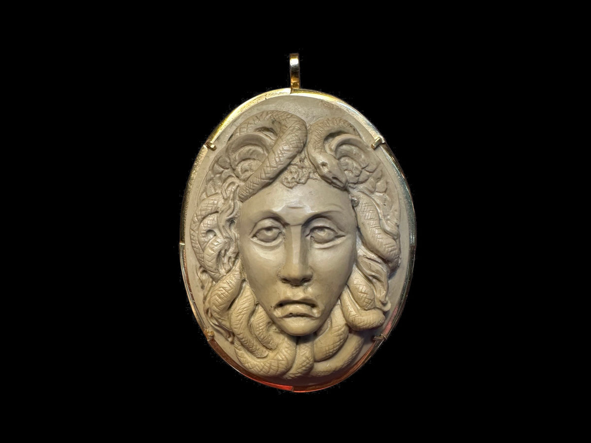 ANTIQUE LAVA MEDUSA CAMEO PIN & PENDANT — front view