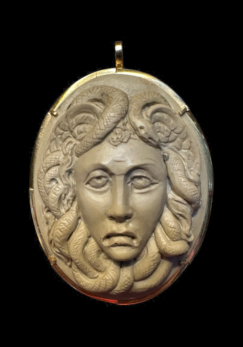 ANTIQUE LAVA MEDUSA CAMEO PIN & PENDANT — detail view