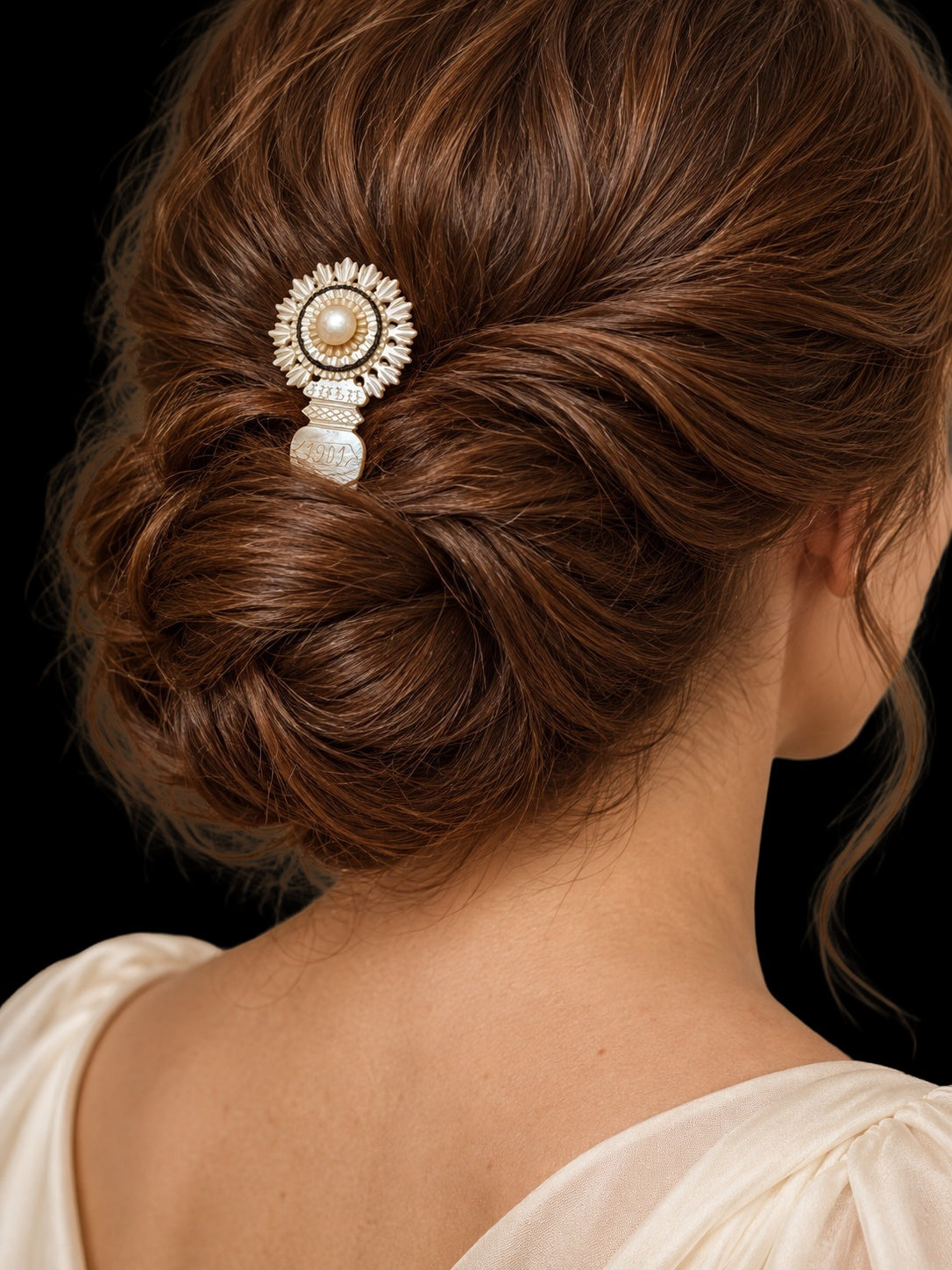 EDWARDIAN CARVED MOTHER-OF-PEARL BRIDAL HAIR COMB, 1901 — worn view