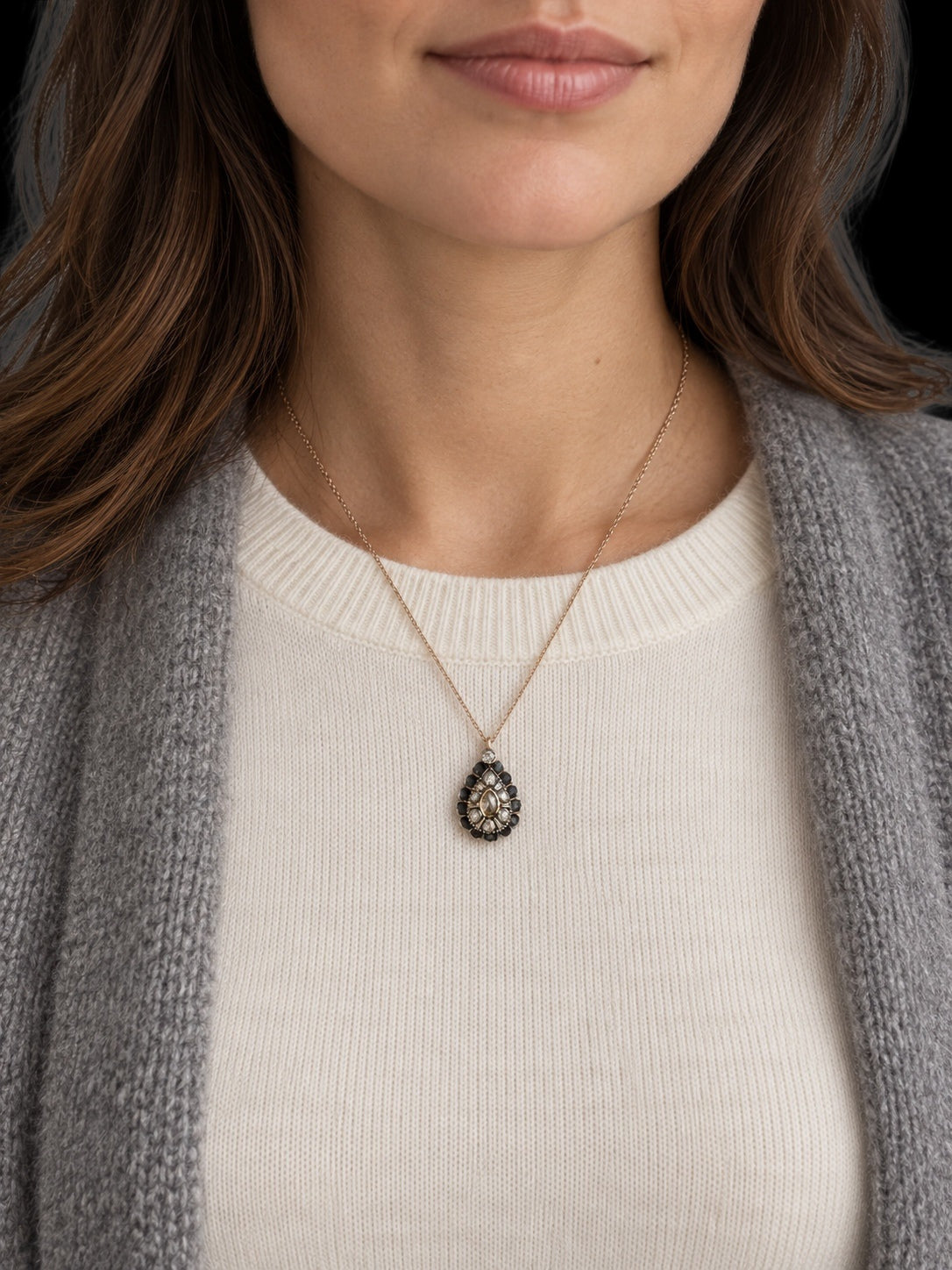 18TH CENTURY GEORGIAN ROSE CUT DIAMOND PENDANT IN GOLD AND SILVER — worn view