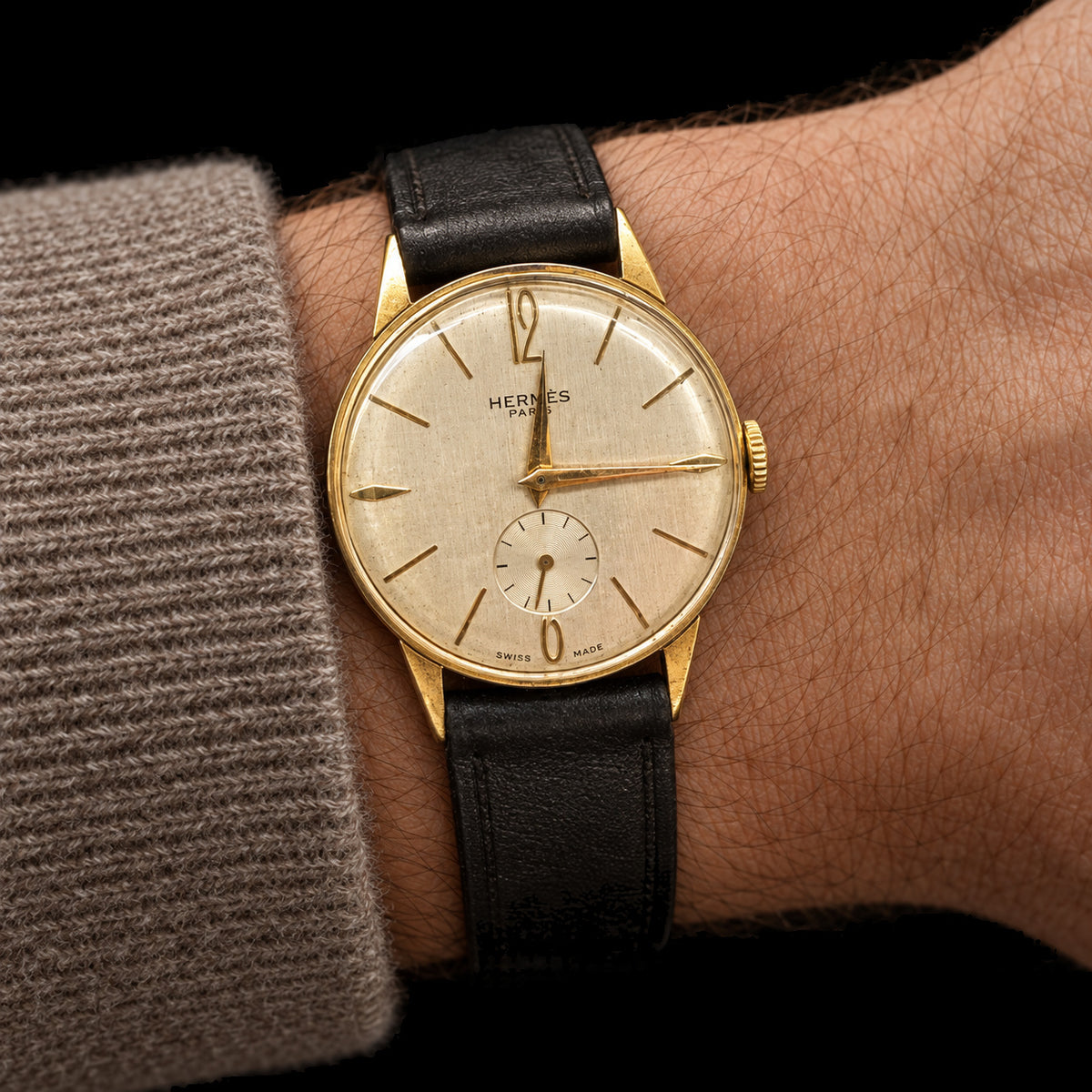 VINTAGE GOLD PLATED WATCH WITH HERMÈS SIGNED DIAL — worn view