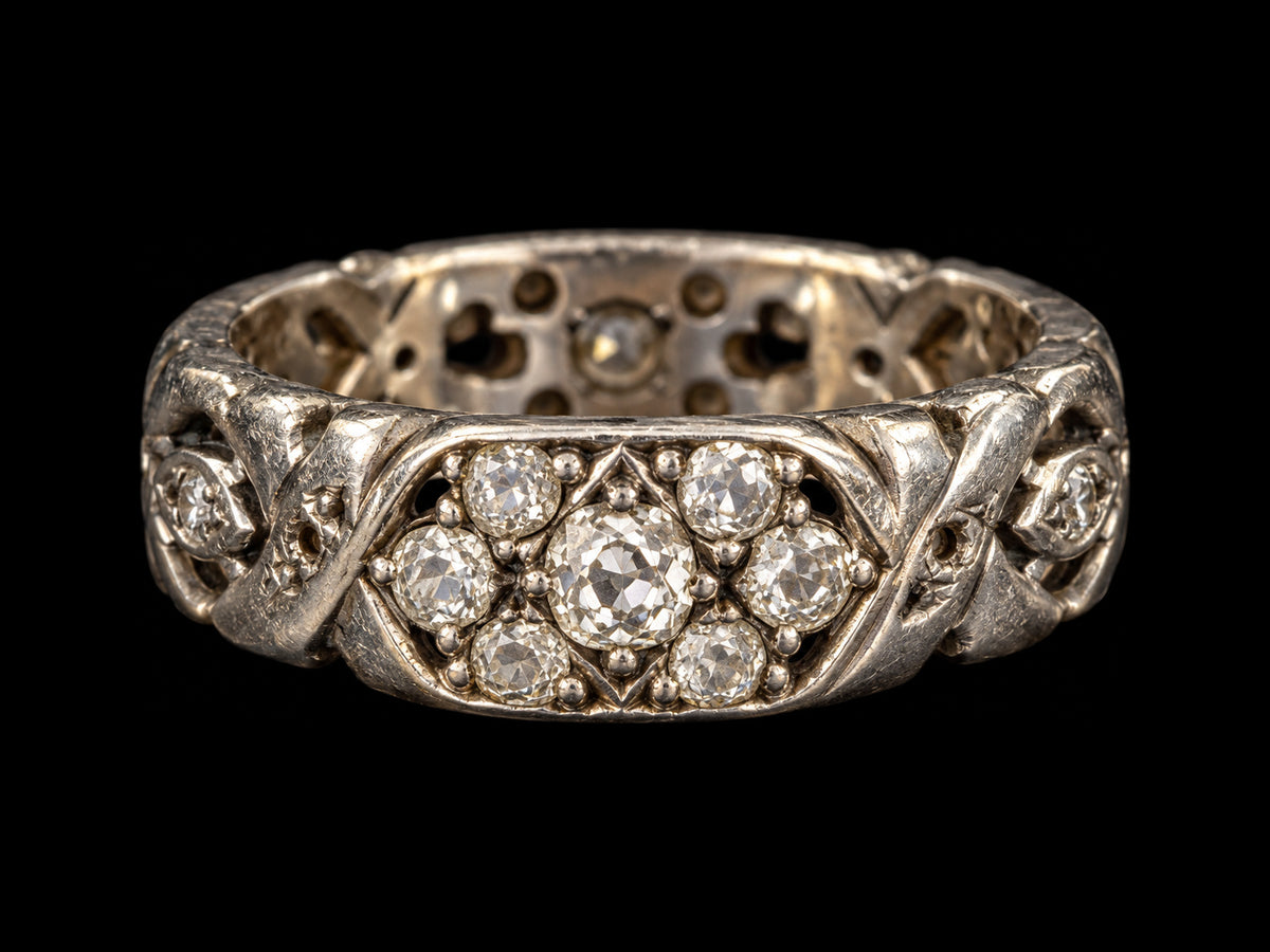 WHITE GOLD OLD MINE CUT DIAMOND X AND O ETERNITY BAND — front view