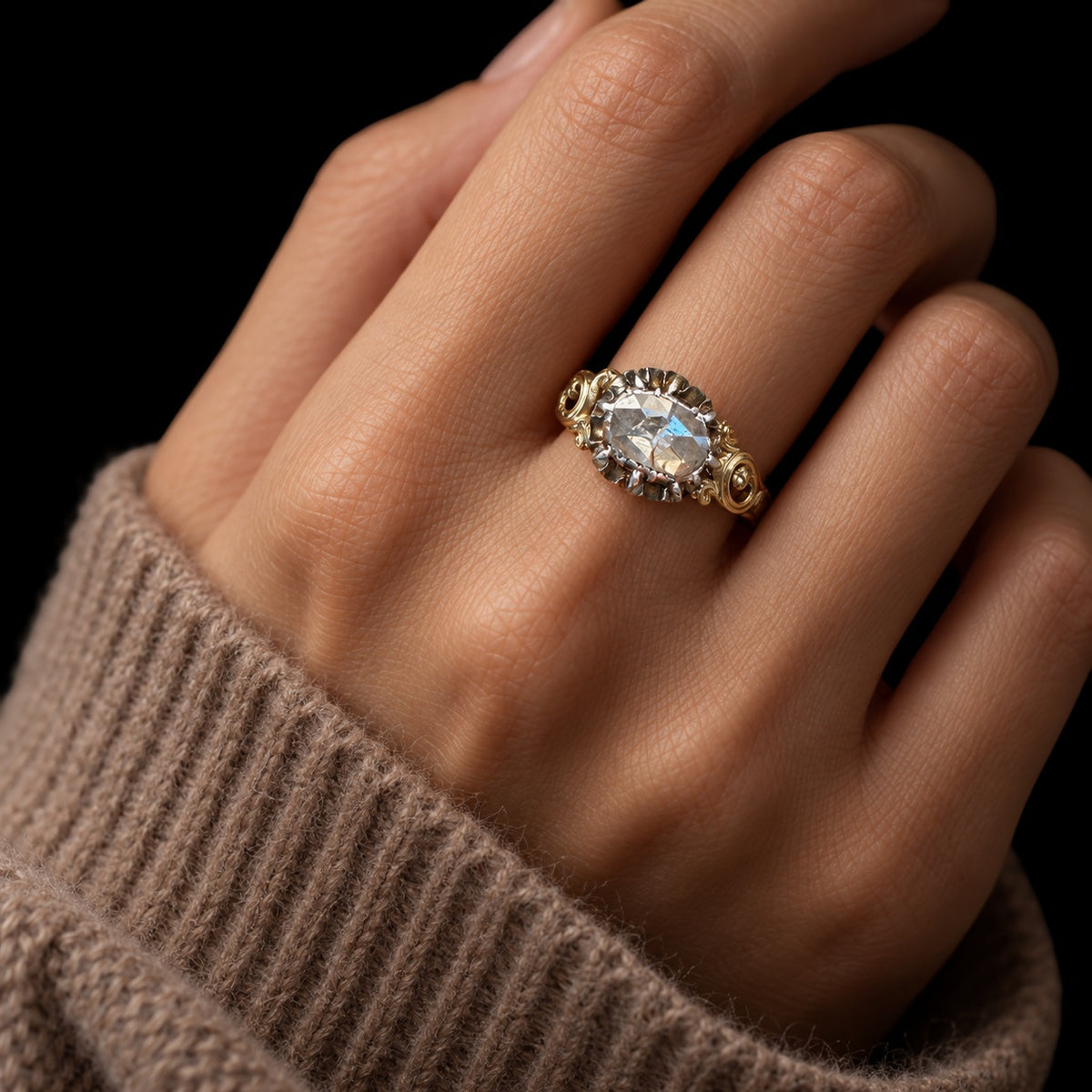 GEORGIAN DIAMOND SOLITAIRE RING WITH SCROLL SHOULDERS — worn view