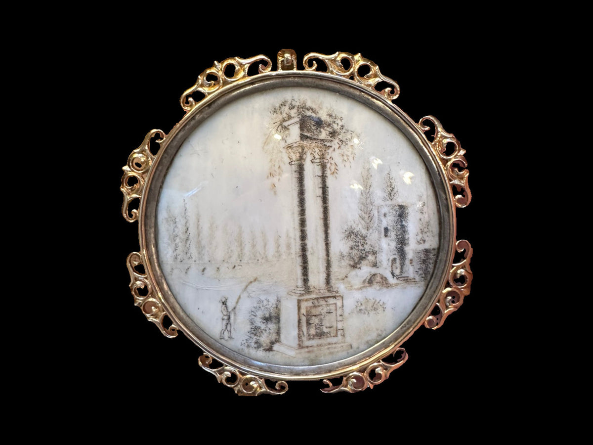 18TH CENTURY FRENCH SEPIA HAIRWORK MEMORIAL PAINTING PENDANT IN SILVER, HORN & 14 KARAT GOLD — front view