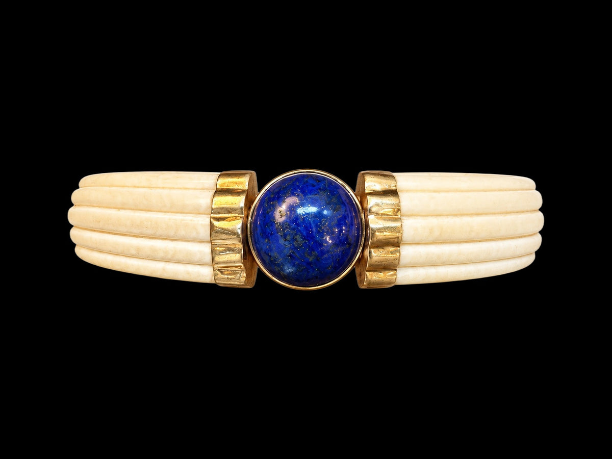 LAPIS LAZULI AND BONE BANGLE WITH 14 KARAT GOLD — front view