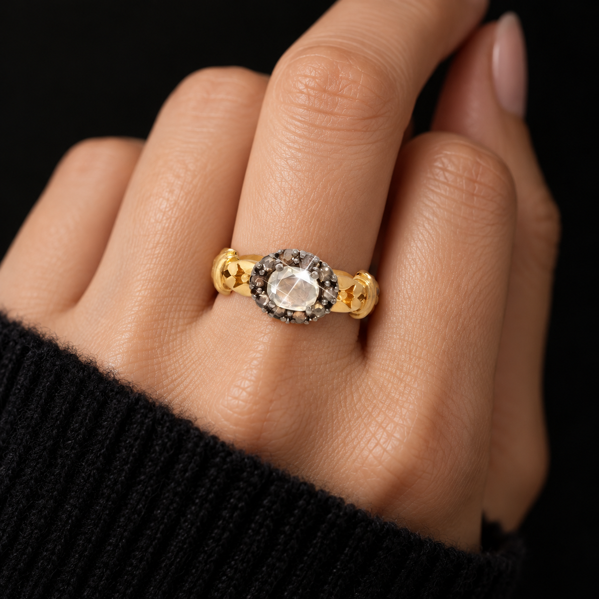 APPROVED Illustrative wearing view of ROSE CUT MOISSANITE AND DIAMOND RING IN 18K GOLD VERMEIL WORN ON A HAND. SCALE IS APPROXIMATE.
