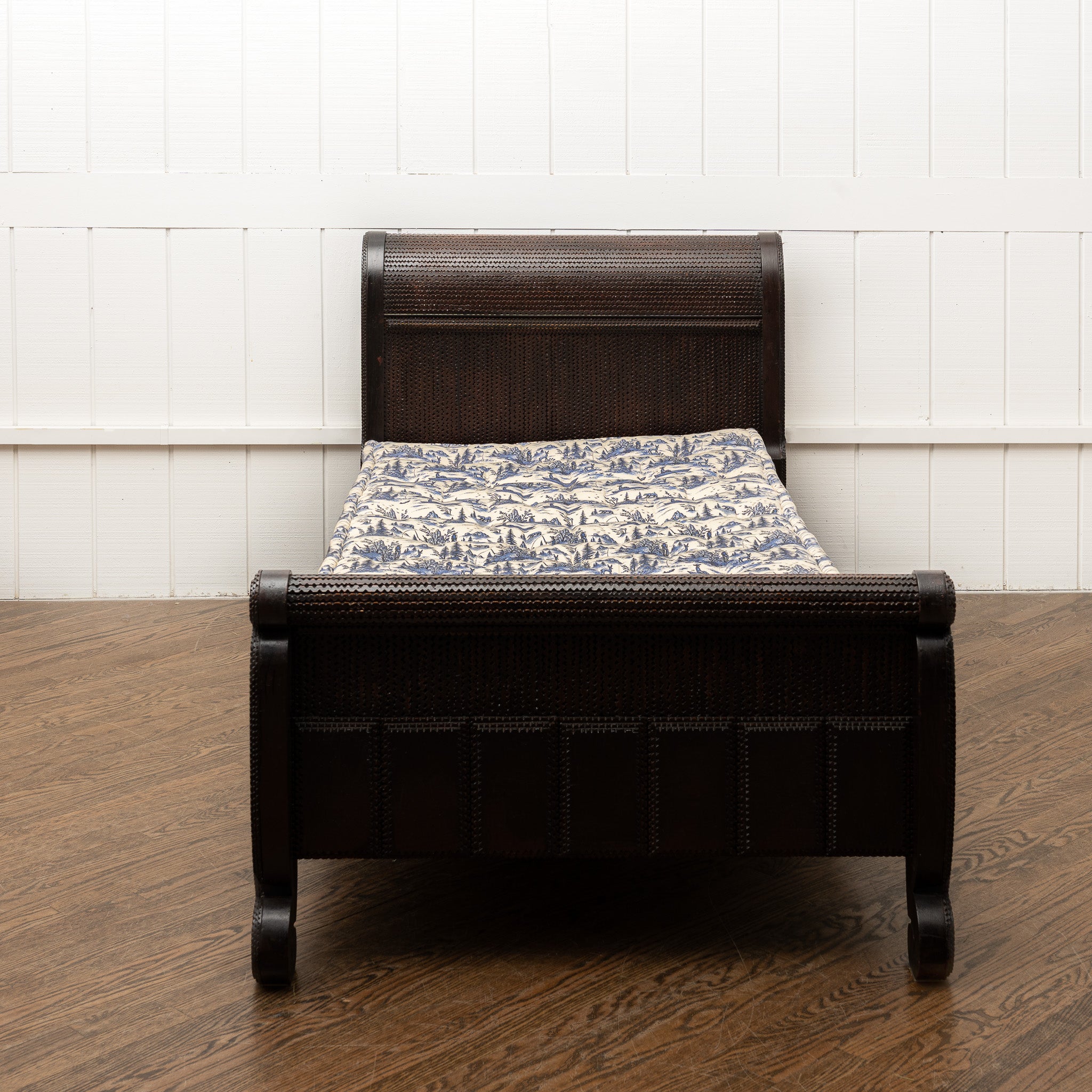 19th century American folk Tramp Art chipped carved full-sized bed