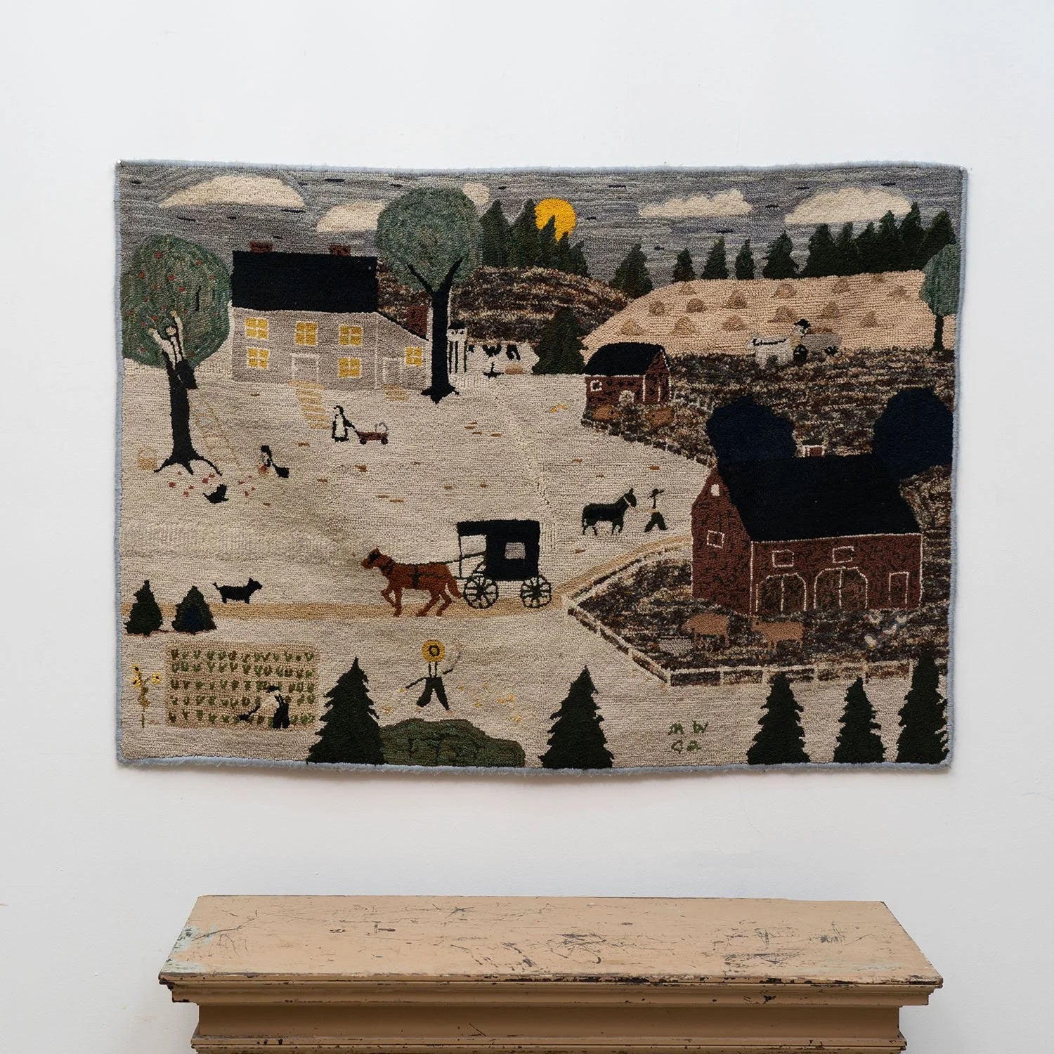 FINELY WORKED AMERICAN FOLK ART SCENIC HOOKED RUG WALL HANGING