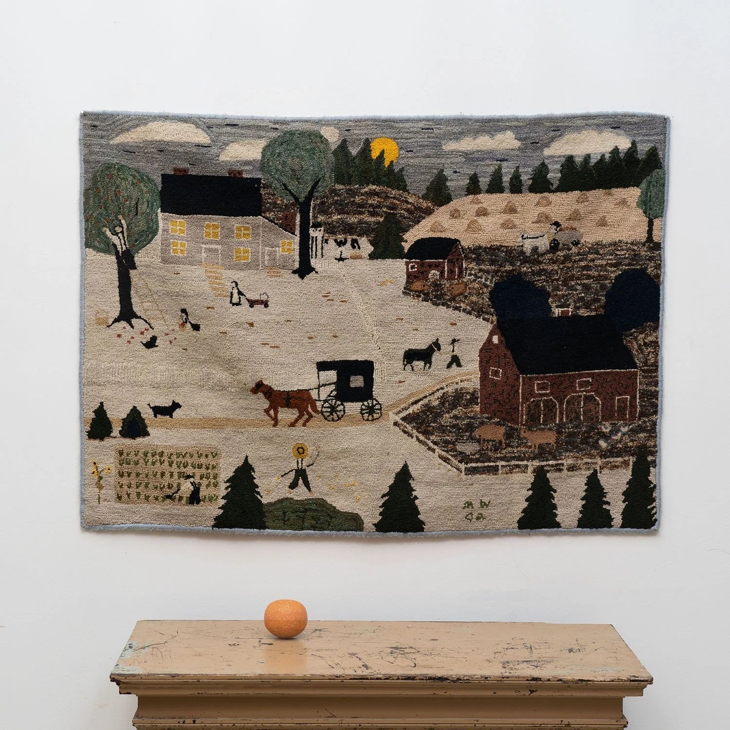 FINELY WORKED AMERICAN FOLK ART SCENIC HOOKED RUG WALL HANGING